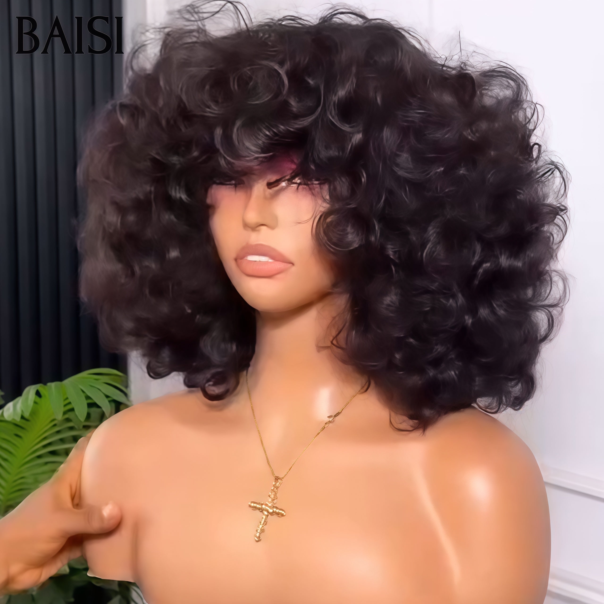 BAISI Perruques bouclé egg Wave avec Frange 14 pouces 300% densité sans Colle Fabriqué à la Machine en 100% Cheveux Humains