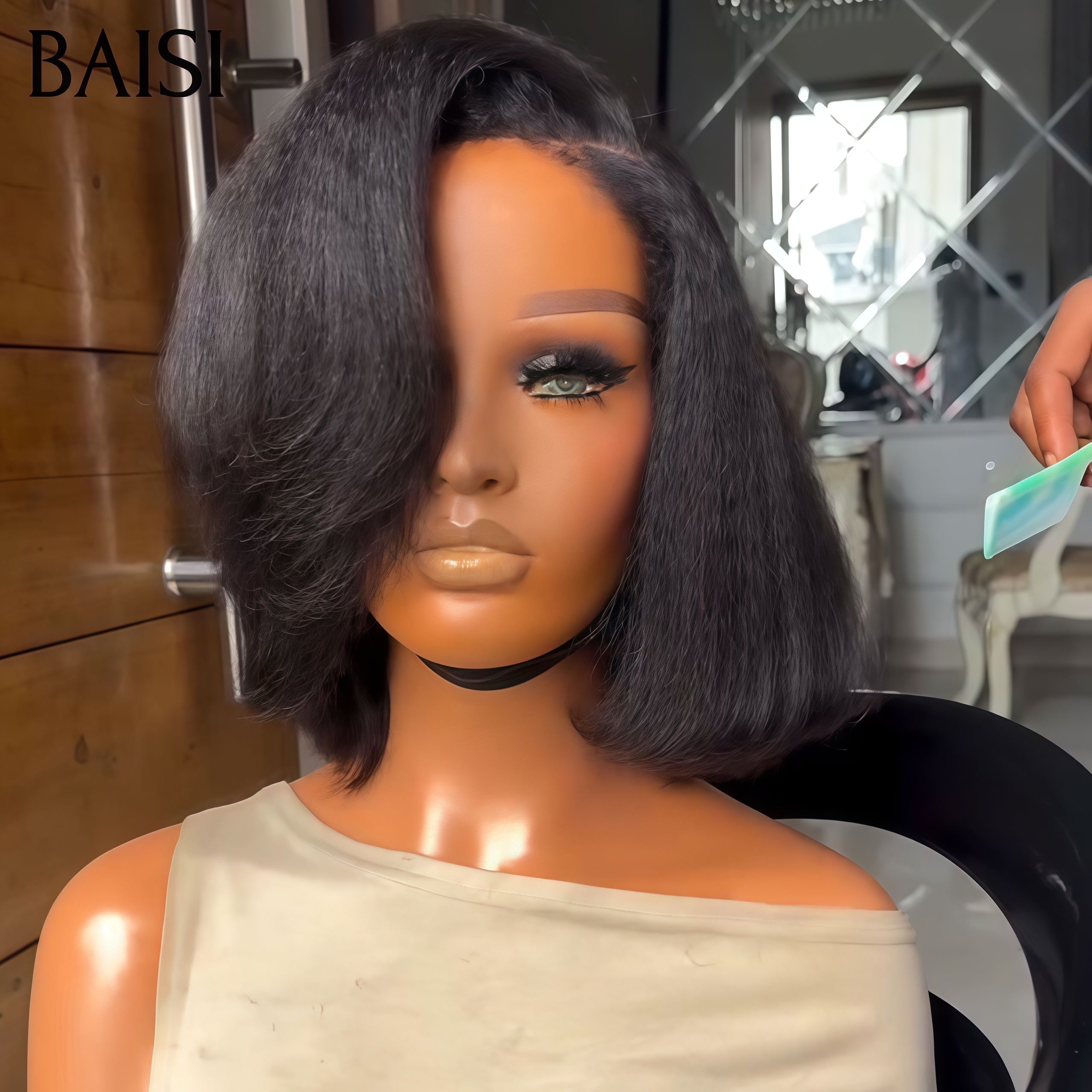 BAISI 13X4 lace frontal Perruque Bob 115€ Kinky Straight 10 pouces En couleur Marron 1BT4# ou Noir en 100% Raw Hair 4C Hairline 300% densité plus de 20 ans d' utilisations 100% Cheveux Humains