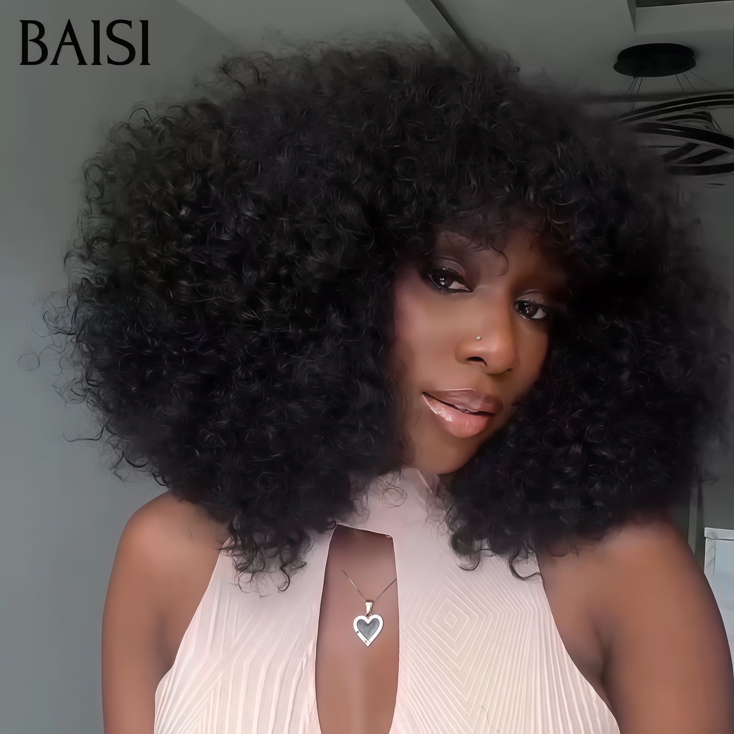 BAISI Luxury Egg Wave Wigs with Bangs Made by Double Drawn Hair with Natural Middle Parting 300% Density