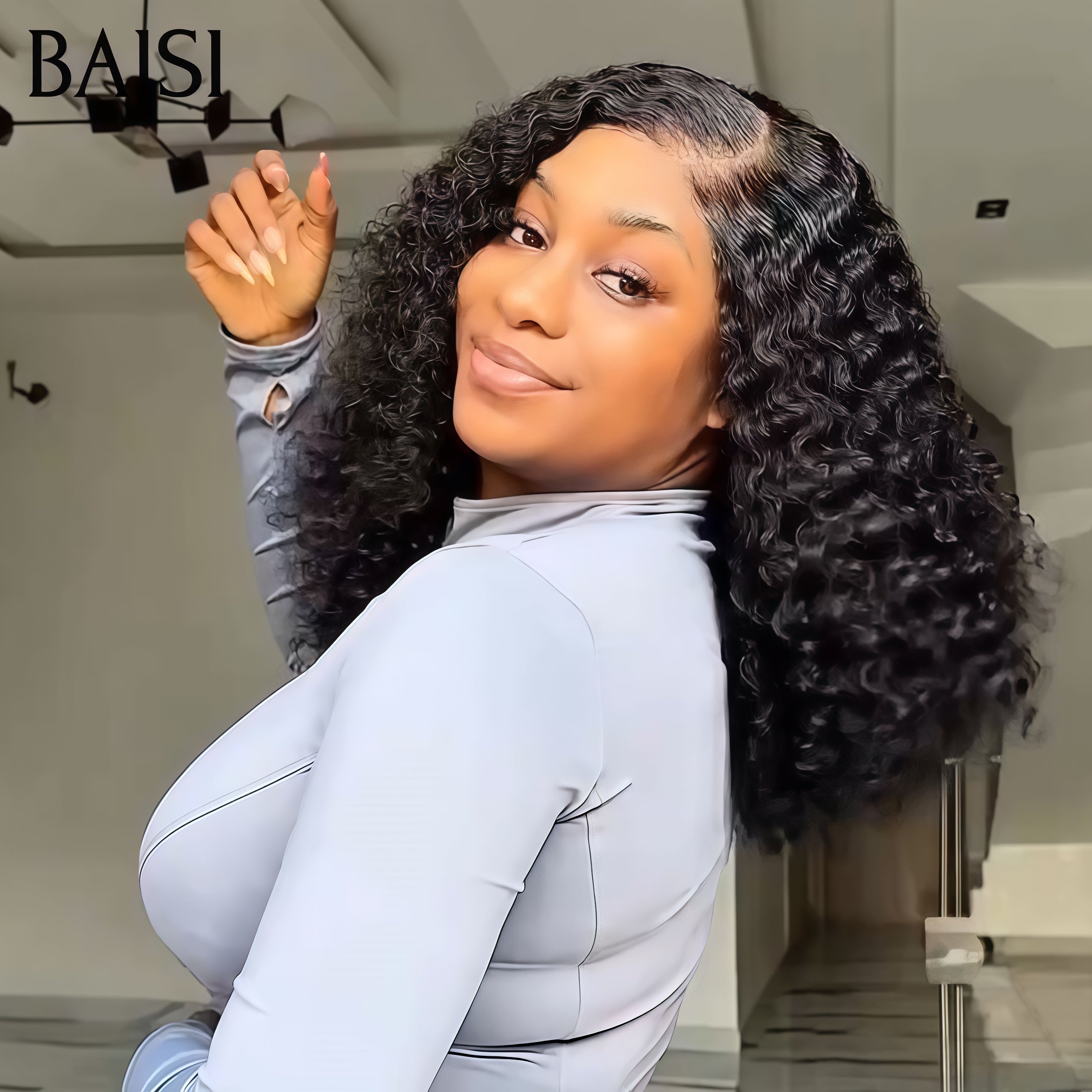 BAISI Promotion 100€ 13x4 Lace frontal Perruque 1B# curly wave 100% Cheveux Humains