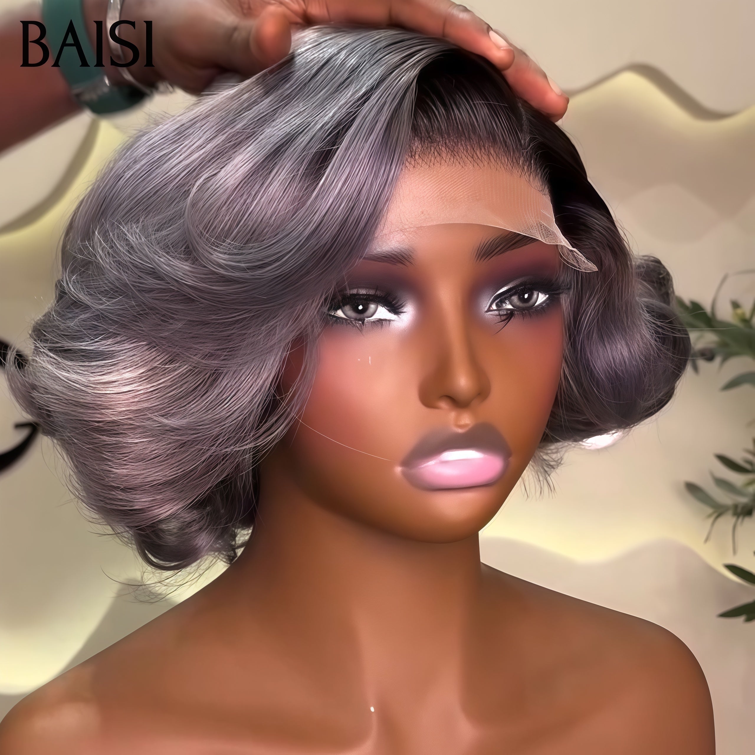BAISI Collection Poivre et Sel 5X5 lace closure Perruque 129€ Bob Bouclée Couleurs personnalisées gris comme la video en 100% Cheveux Humains
