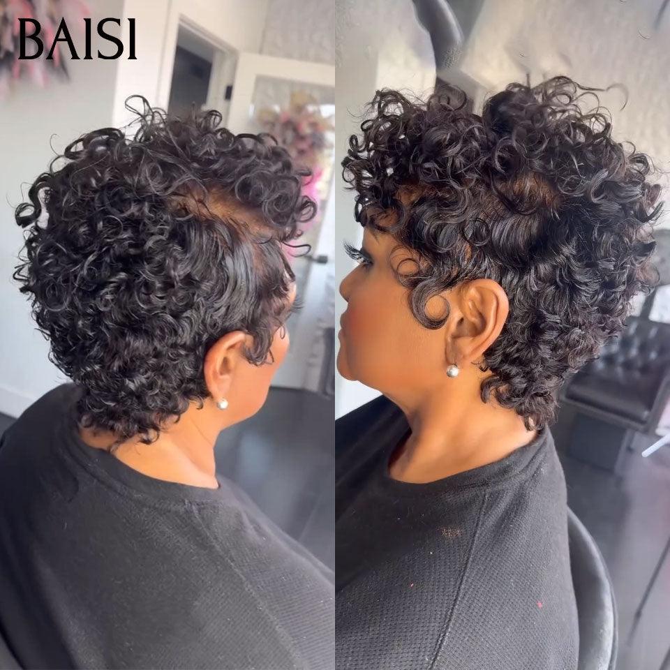 Parrucca ondulata BAISI Taglio pixie taglio intero in pizzo Onda con dita taglio piccolo in colore nero in capelli umani al 100% BS50