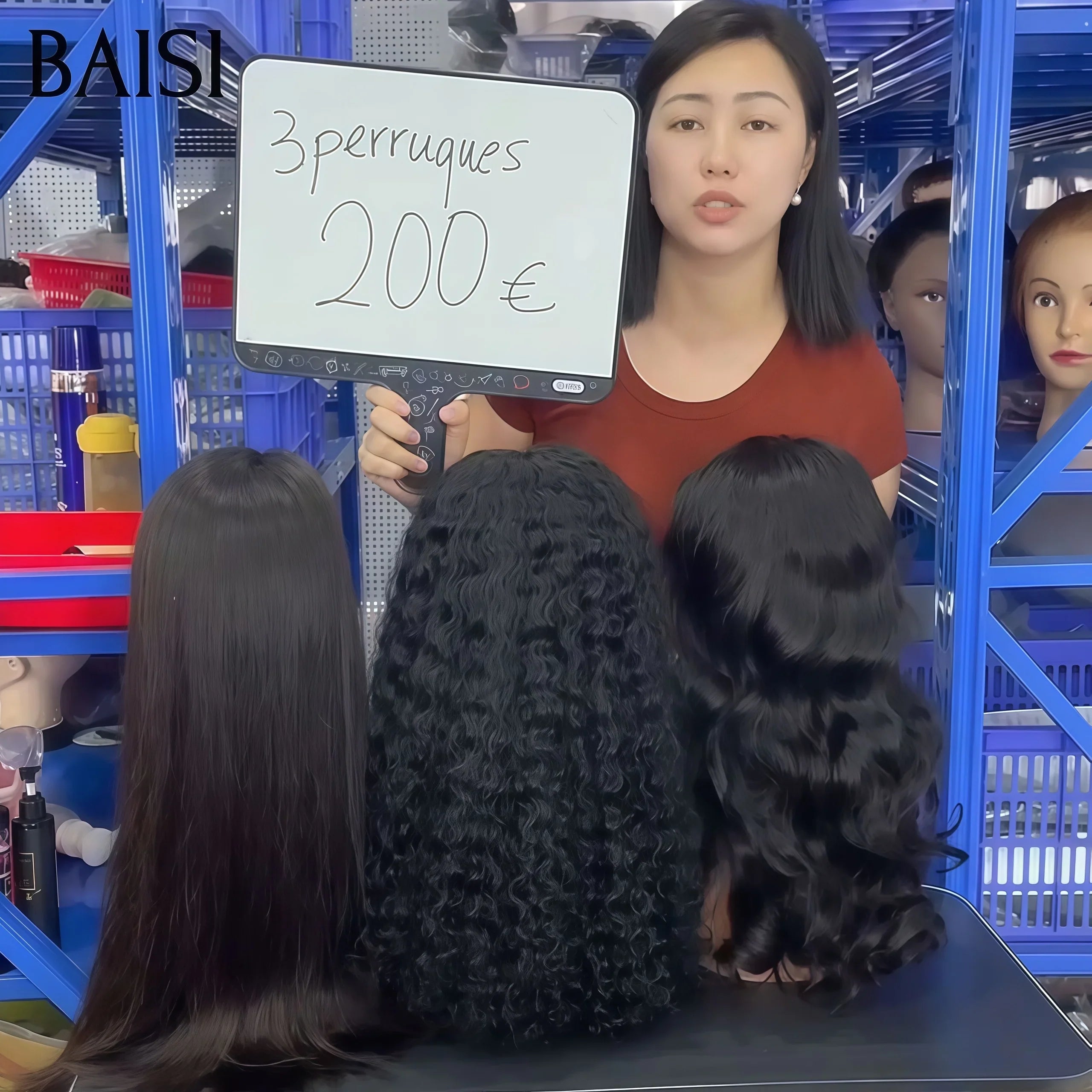 BAISI Lot de 3 perruques Flash Offer PROMOTION 200€ 4X4 lace closure 18 Pouces curly wave et body wave et lisse NOIR en 100% vrais cheveux humains FR40
