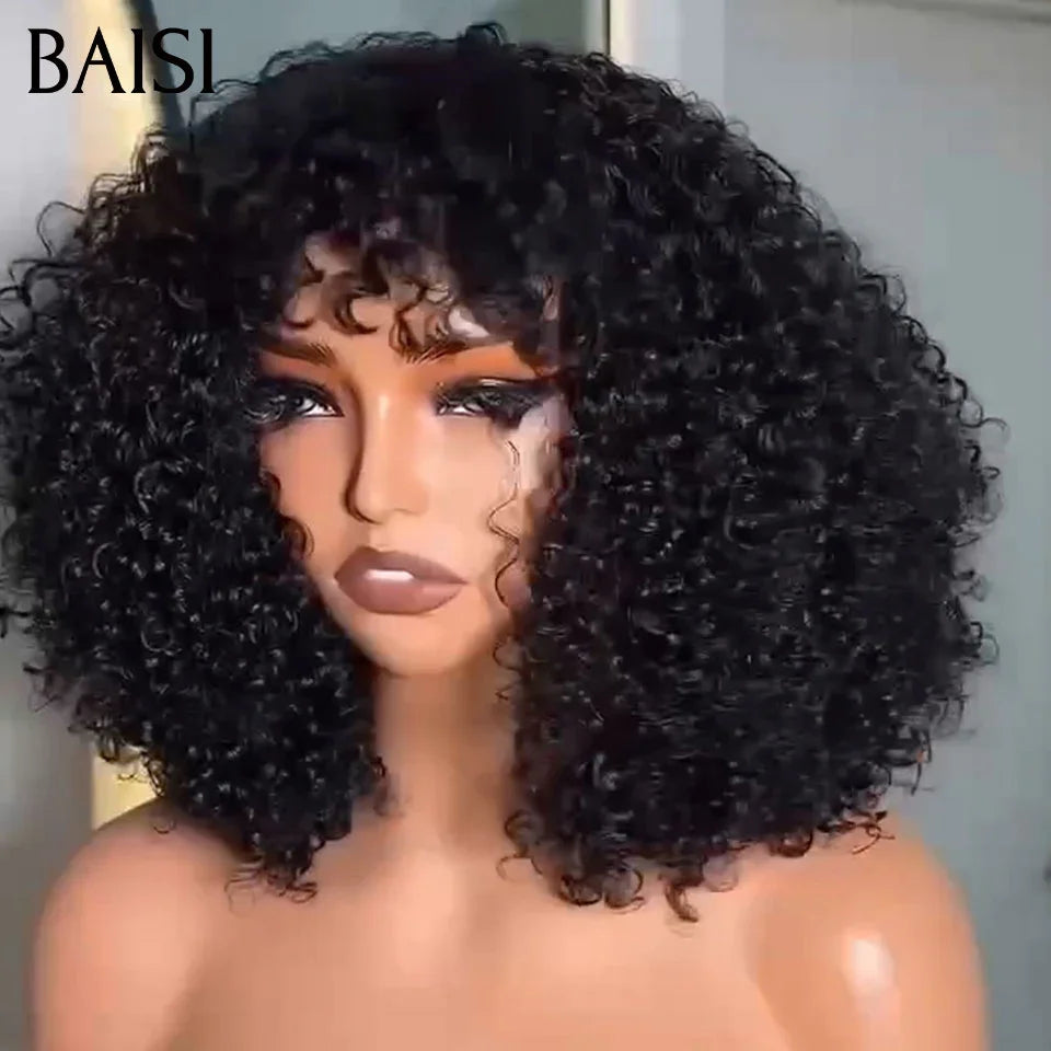 BAISI Perruque PROMO Afro curly Wave avec Frange en Couleur noir sans colle En 100% Vrais Cheveux Humais FR38