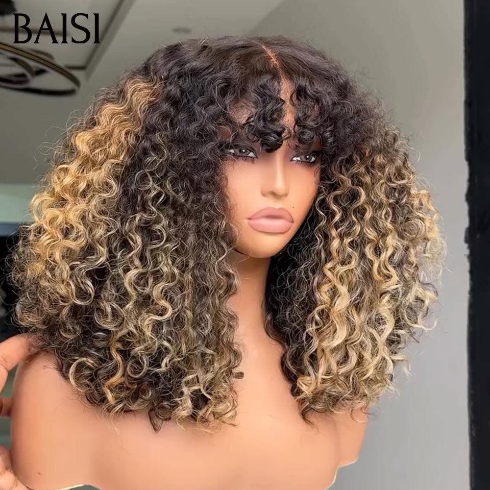 BAISI Perruques de Luxe curly Wave 300% densité 16 pouces Couleurs personnalisées Très belle couleur avec Frange Fabriquées par les cheveux double drawn BS120
