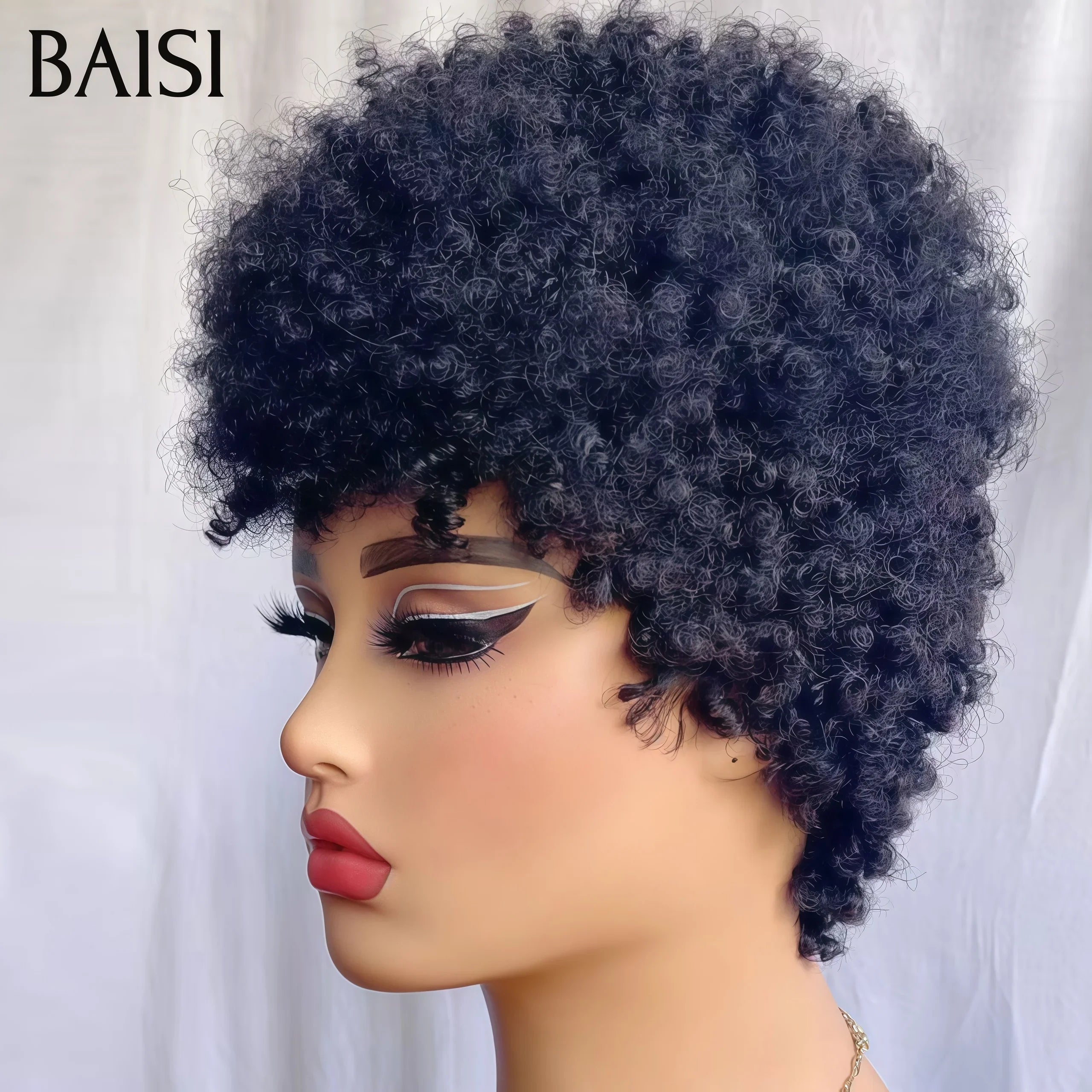 BAISI pixie afro curly 59€ Moitié Prix Nouvelle personnalisation 200% densité noir sans lace en 100% Cheveux Humains fabriqué à la machine MP50
