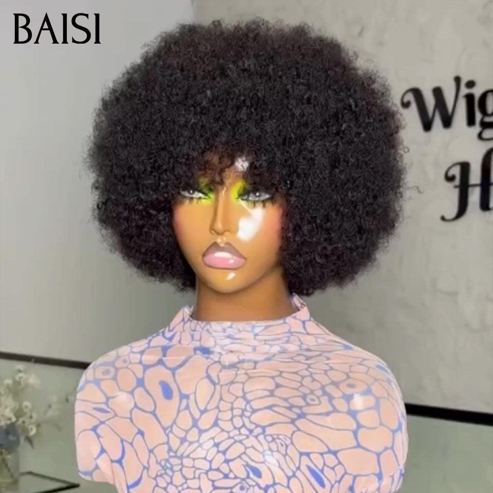 BAISI pixie afro curly 58€ noir sans lace sans colle en 100% Cheveux Humains fabriqué à la machine FR38