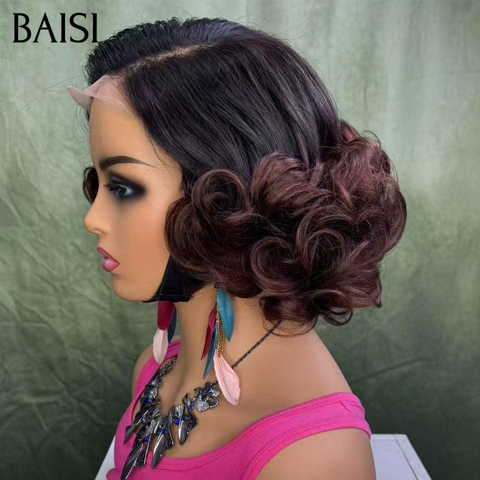BAISI 4X4 lace Perruque Bouclée Egg Wave Couleurs Marron 1BT4# 12 Pouces 250% Densité en 100% Cheveux Humains F-025