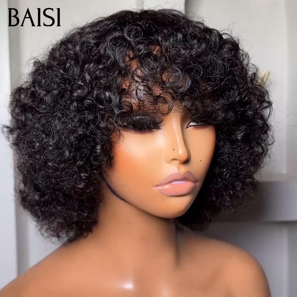 BAISI Perruques 13X4 afro curly et 2X6 lisse 1BT27# 8 pouces et bob avec frange et T part afro curly 1BT30# en 100% Cheveux Humains BS65