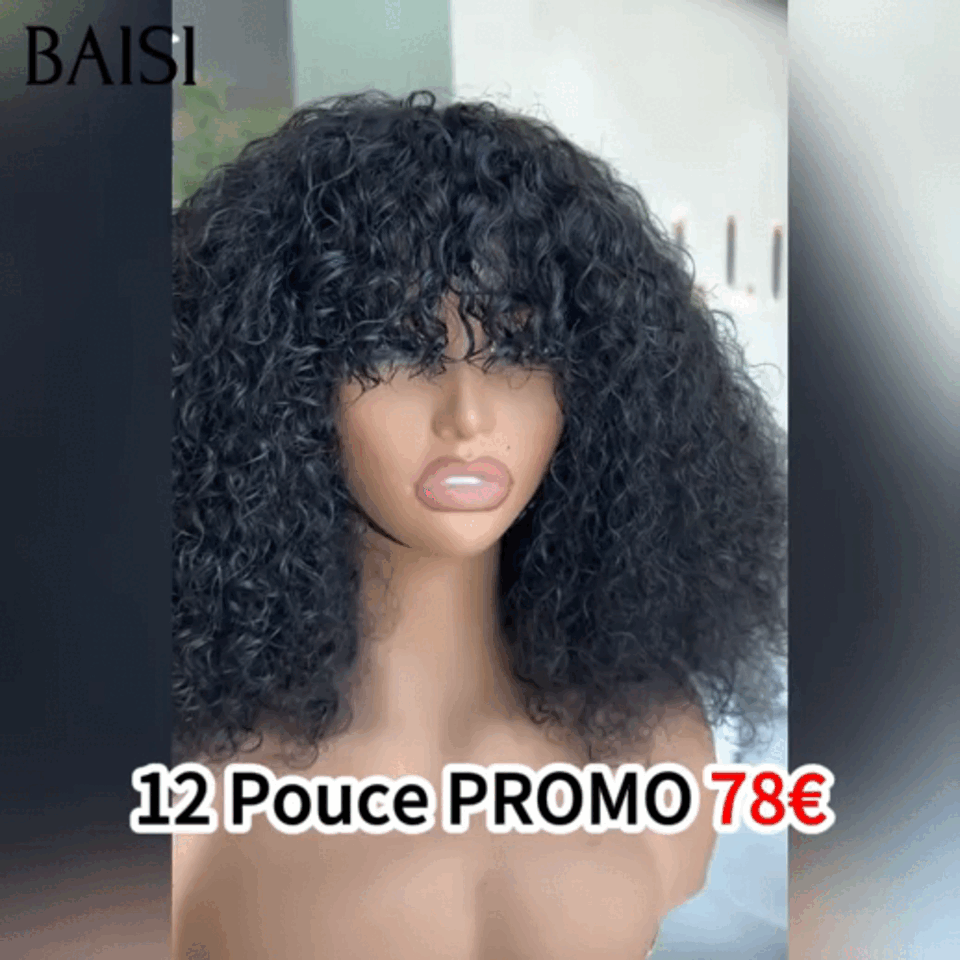 BAISI Perruque Bob water wave avec Frange 12 Pouces 78€ en Noir Sans Lace sans Colle en 100% Cheveux Humains