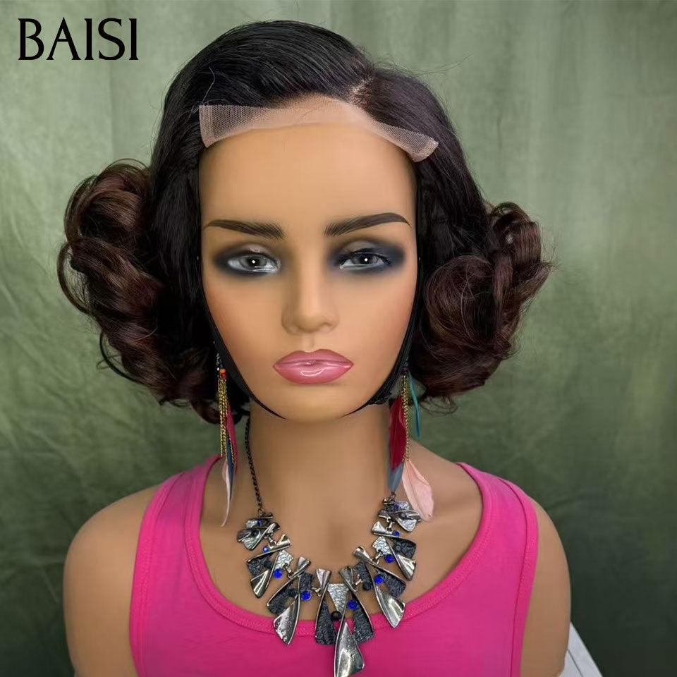BAISI 4X4 lace Perruque Bouclée Egg Wave Couleurs Marron 1BT4# 12 Pouces 250% Densité en 100% Cheveux Humains F-025