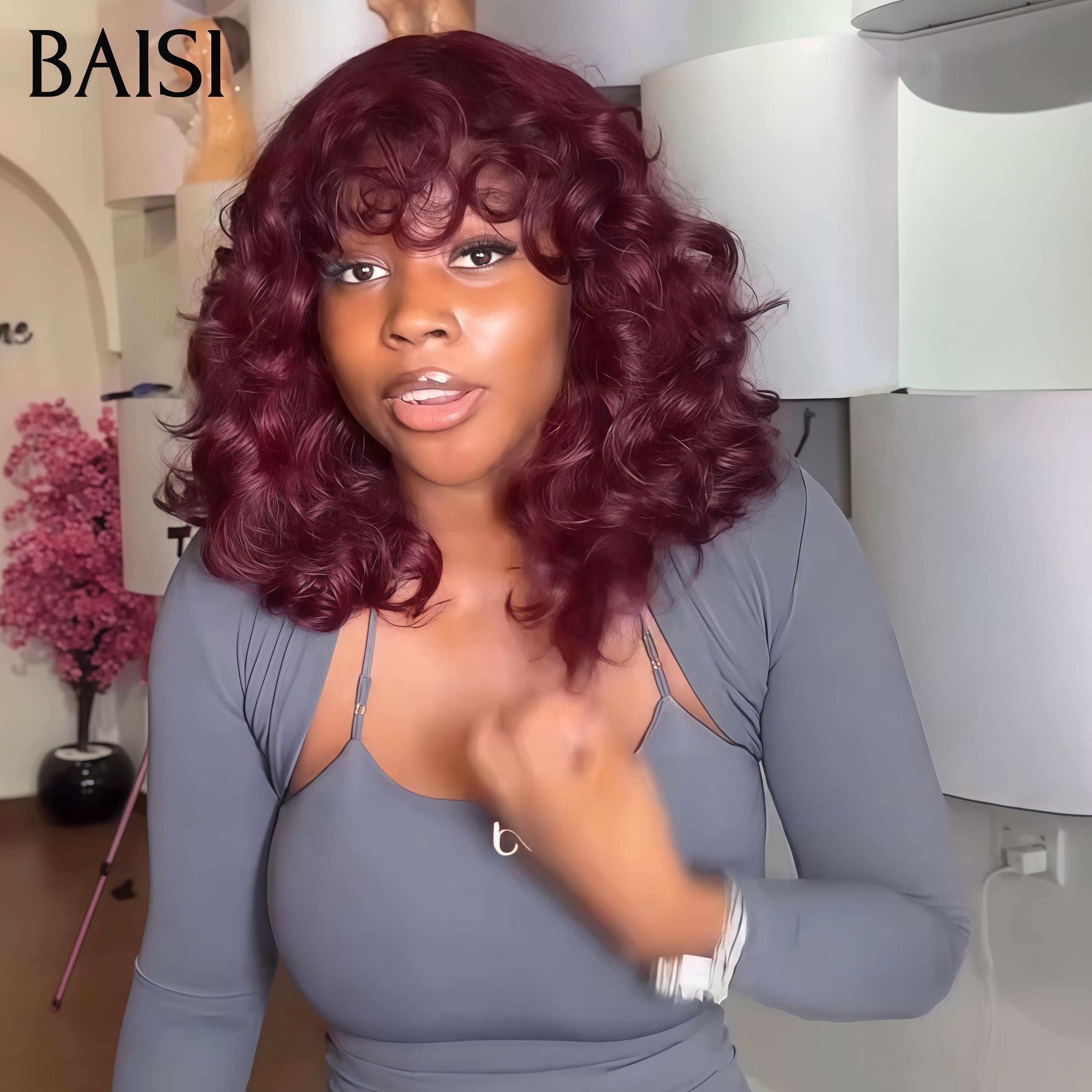 BAISI sem cola, sem lace Peruca Cacheada Egg Wave Castanho e Bordeaux em 100% Cabelo Humano