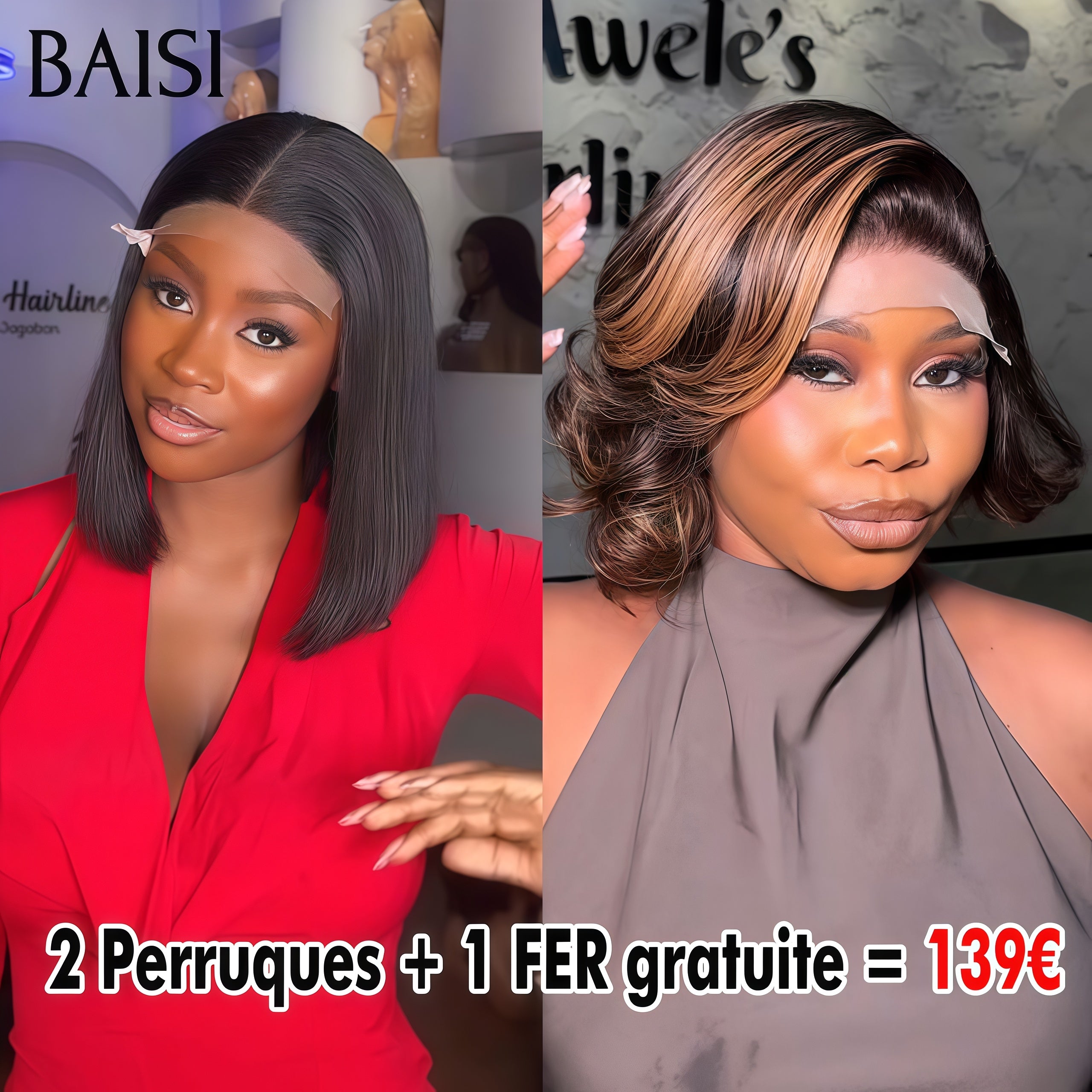 BAISI 2 Parrucche + 1 FER gratuita = 139€ Parrucche Combinate a Prezzo Accessibile per Tre 4x4 chiusura in pizzo 8 Pollici e onda egg Misto 100% capelli umani