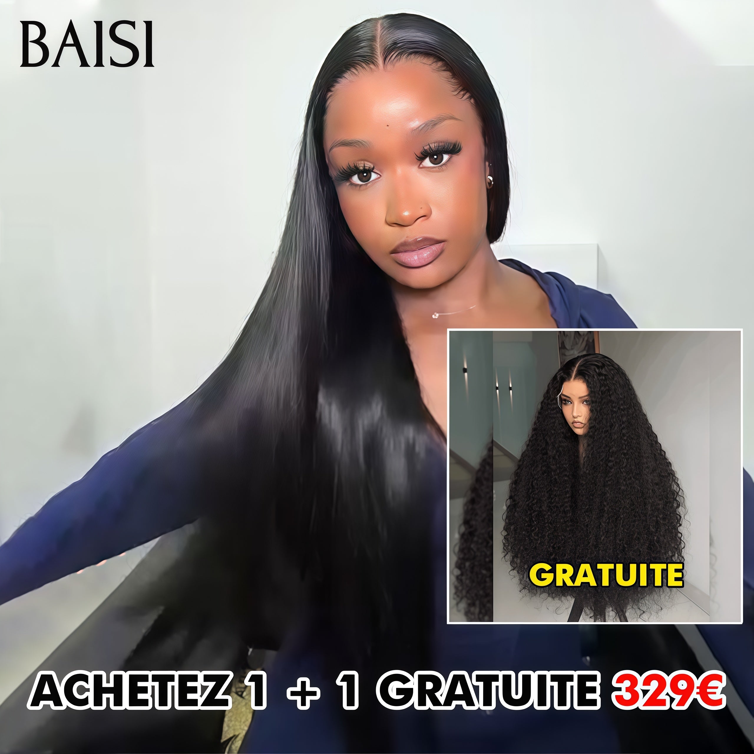 BAISI vente flash Achetez 1 + 1 Gratuite 329€ 13x4 lace Lisse et curly wave 100% vrais cheveux humains PROMOTION PRIX EN GROS