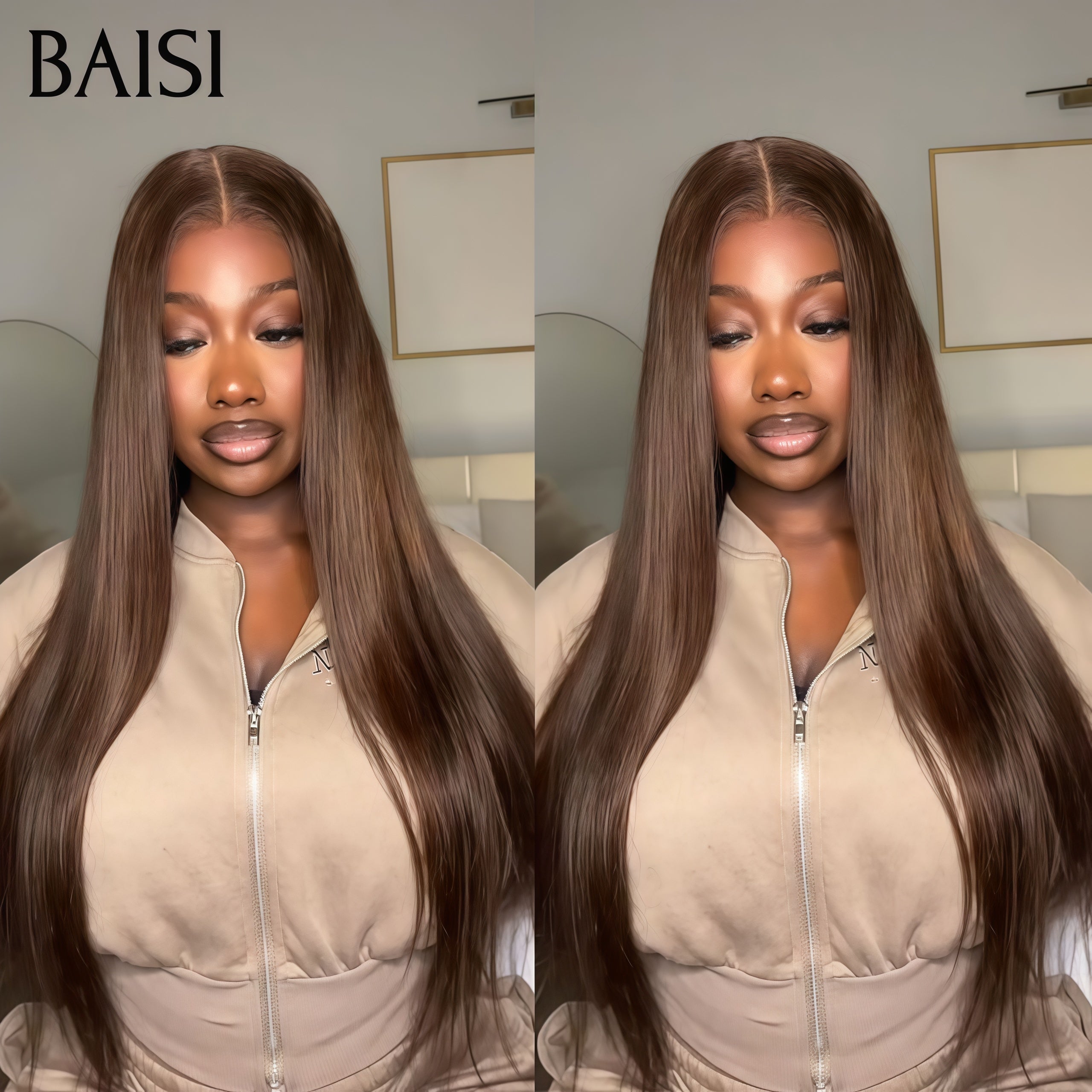 BAISI BLACK FRIDAY PROMO Perruque avec frontal Sans colle prêt à porter Personnalisée Marron Lisse De Haute Qualité, Livraison Gratuite