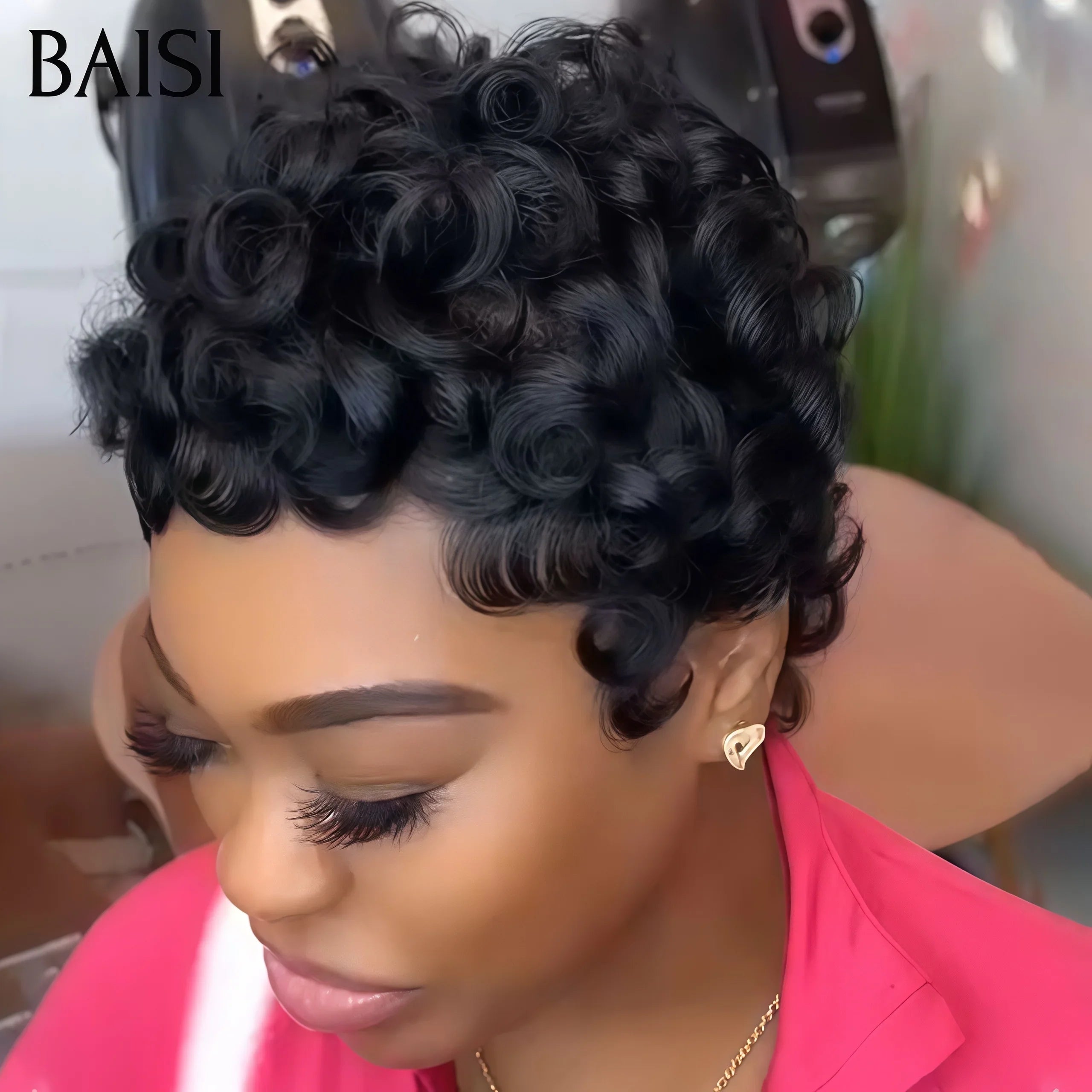 BAISI Venda Flash 39€ Penteado Pixie Finger Wave em França 13x4 Peruca frontal em lace personalizada com risca lateral em cor natural