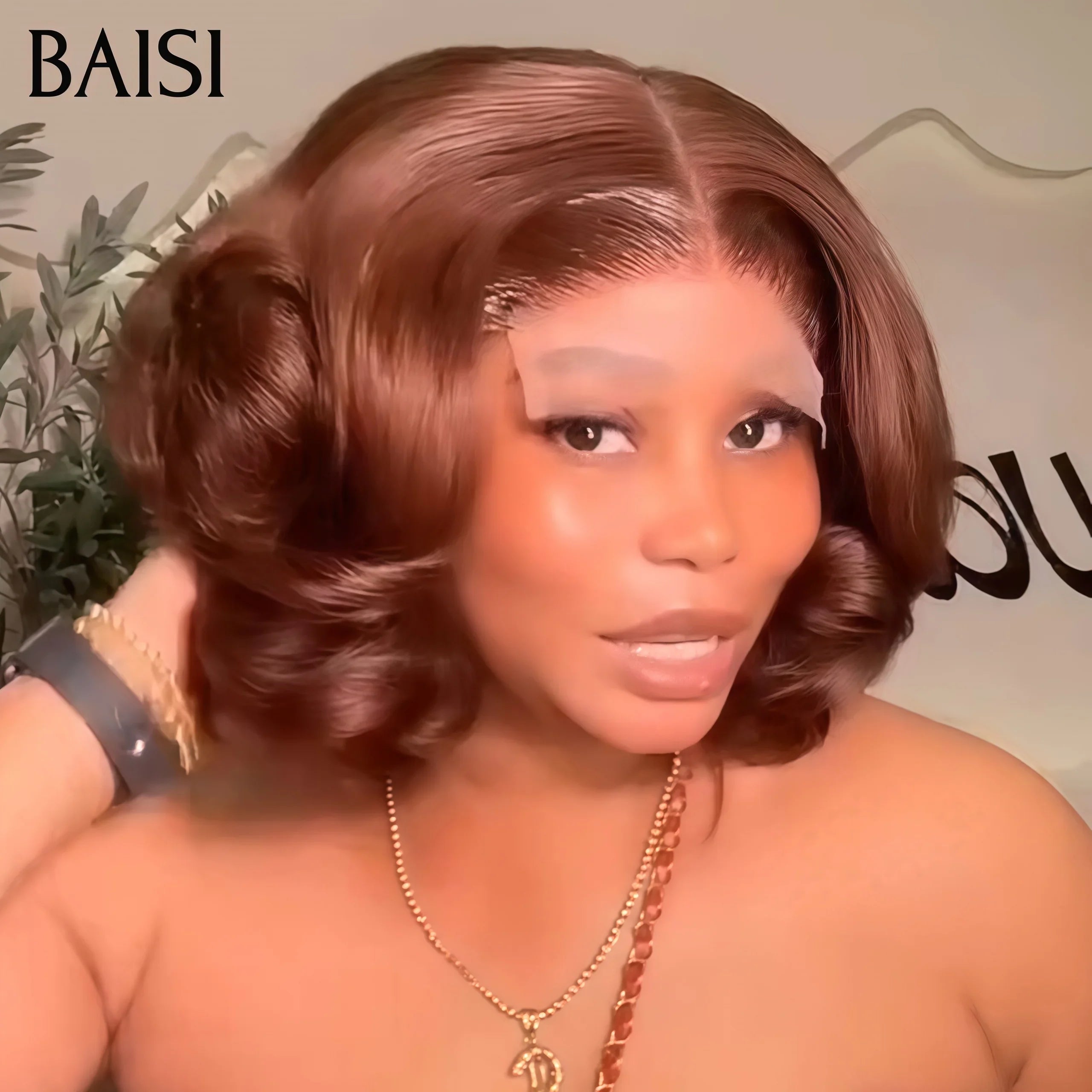 BAISI Fecho lace 4x4 Bob egg wave Castanho 10 Polegadas 69€ ou Oferta Flash 49€ Peruca pixie curly wave com franja em preto sem lace em 100% Cabelo Humano BS65