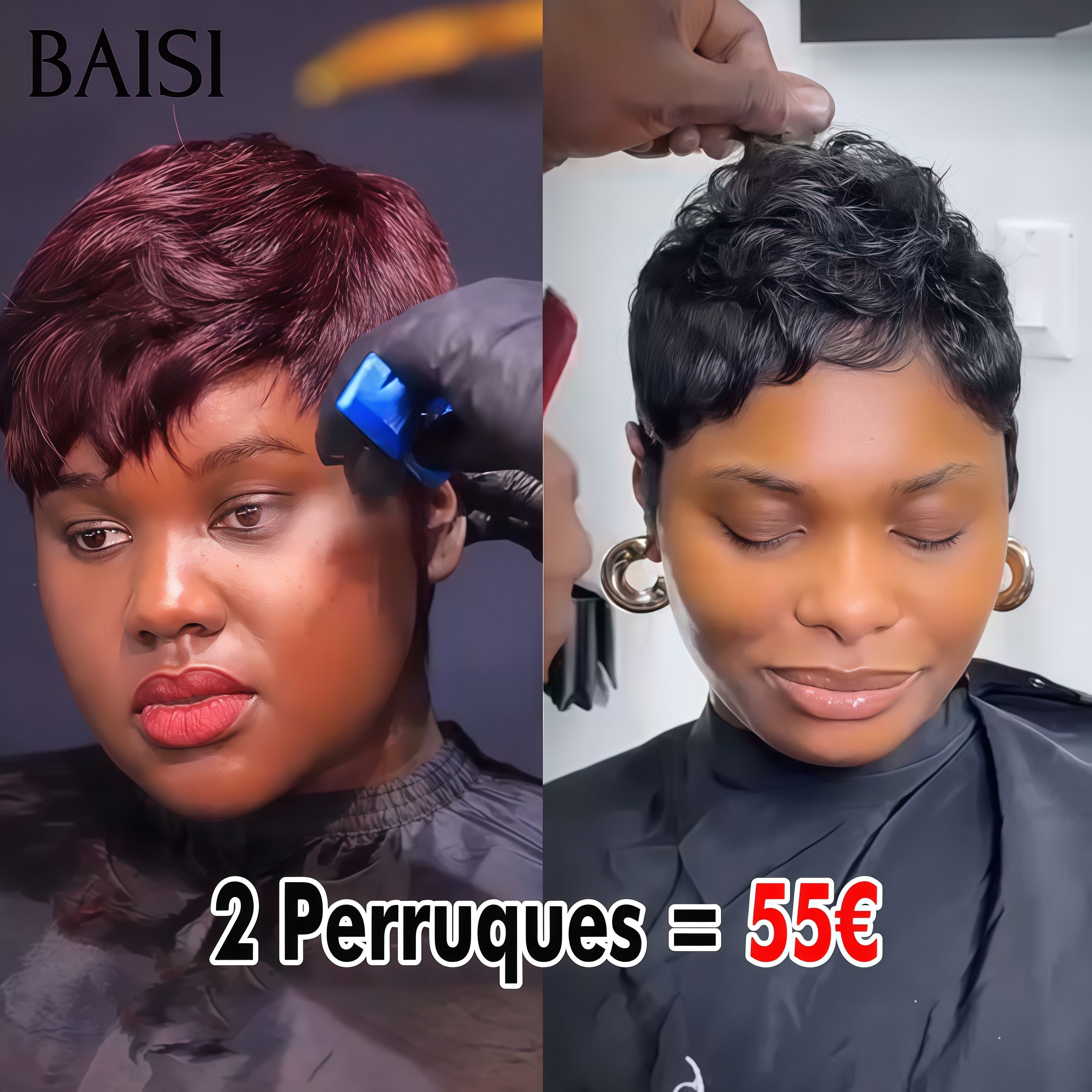 BAISI 2 Perucas = 55€ pixie sem cola Bordeaux e preto ou perucas frontais de 2 cores 246€ em 100% cabelo humano verdadeiro