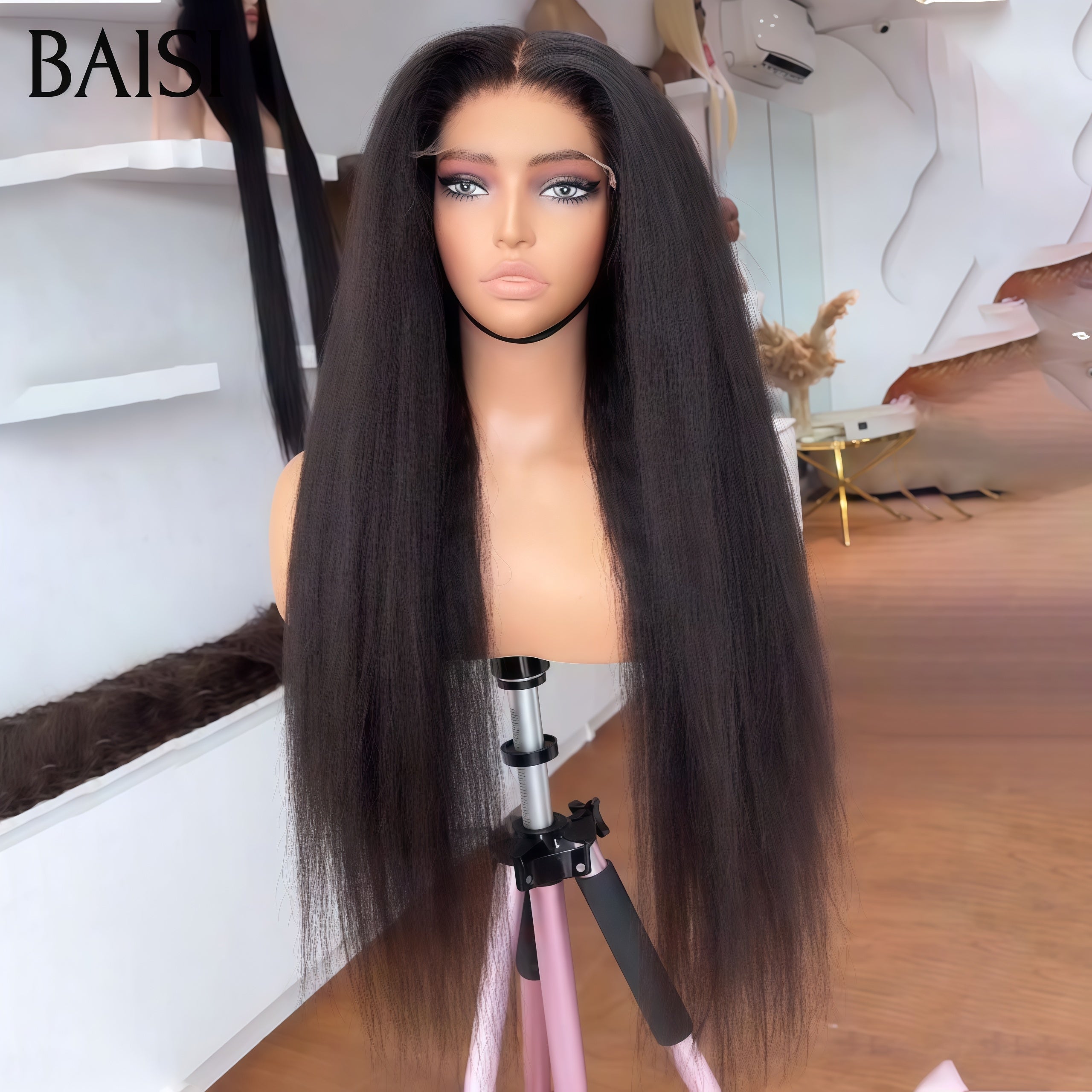 BAISI Closure 4x4 peruca cabelo liso kinky 100% humano demasiado comprida