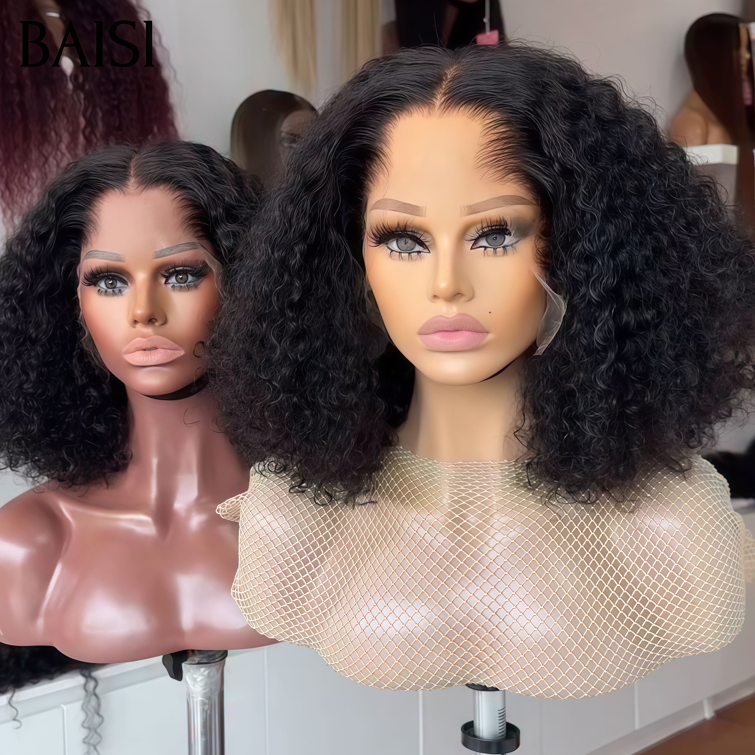 BAISI Lace frontale tranparente 13*4 Perruque curly Wave noir 12 pouce 75€ en 100% vrais cheveux humains BS65