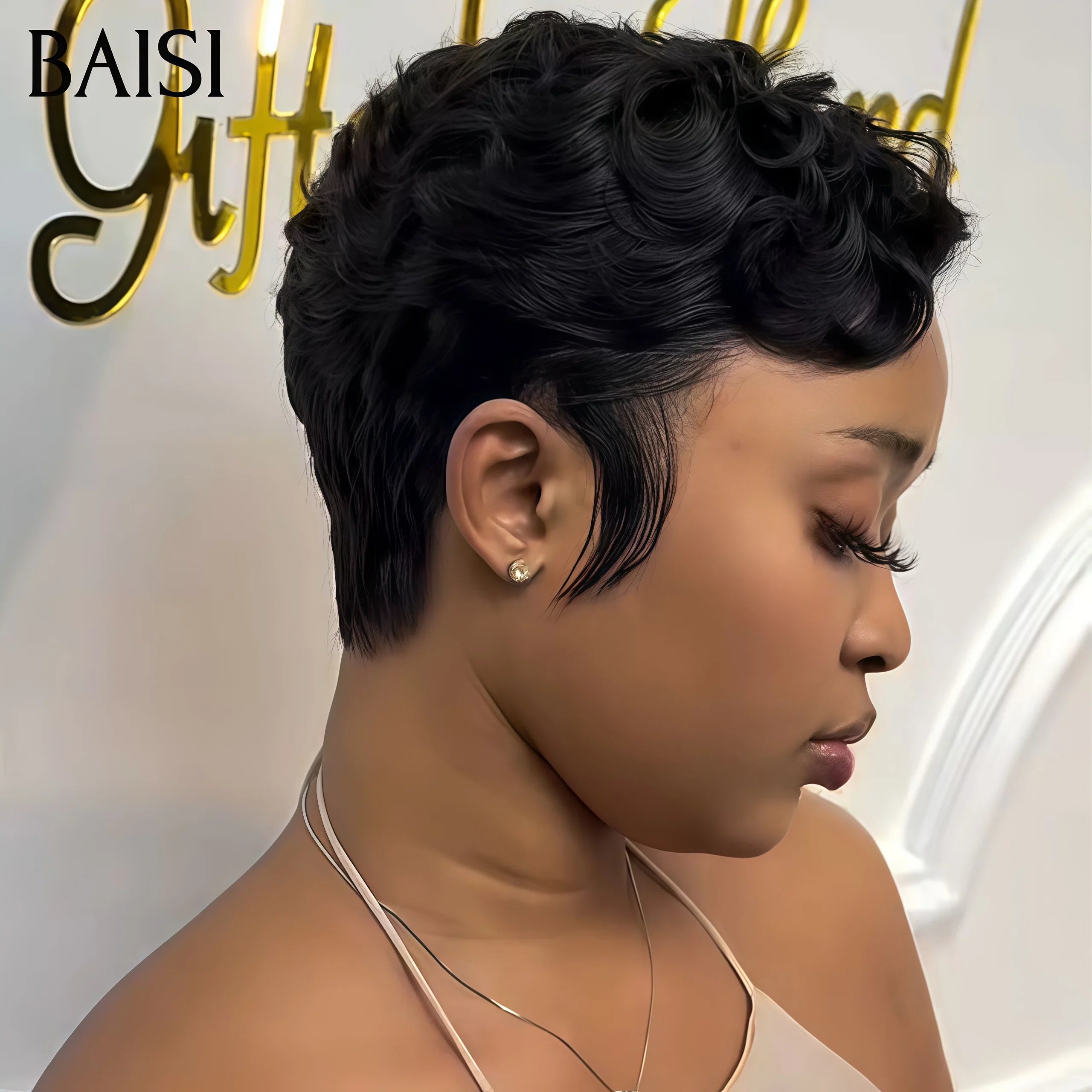 BAISI À partir de 66€ PIXIE Coupe 13X4 Lace Frontal Perruque Bouclée Avec La Raie De Côté