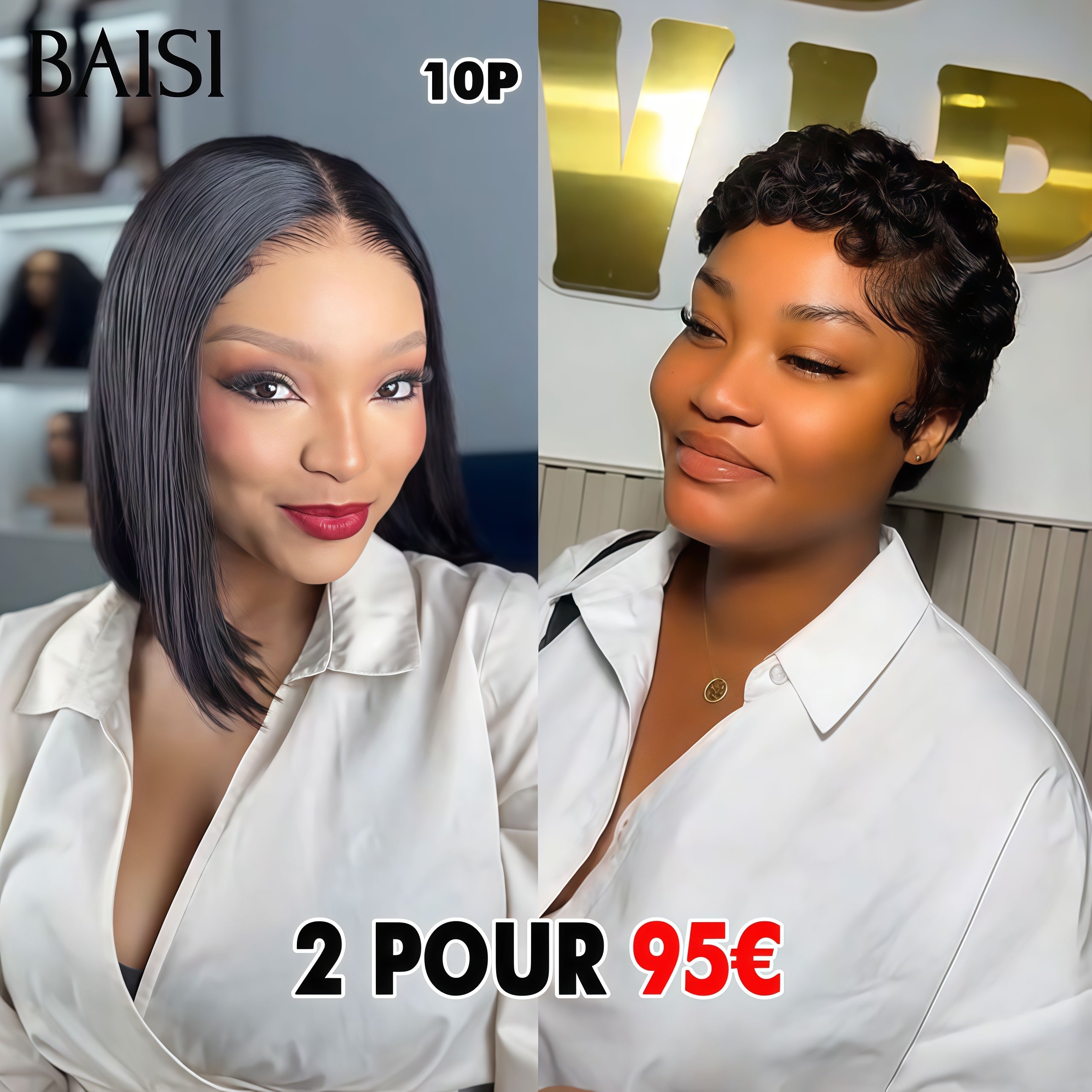 BAISI Confezione da 2 parrucche 95€ Metà prezzo 4X4 lisce NERO 10 Pollici e pixie senza colla finger wave in 100% capelli umani veri MP50