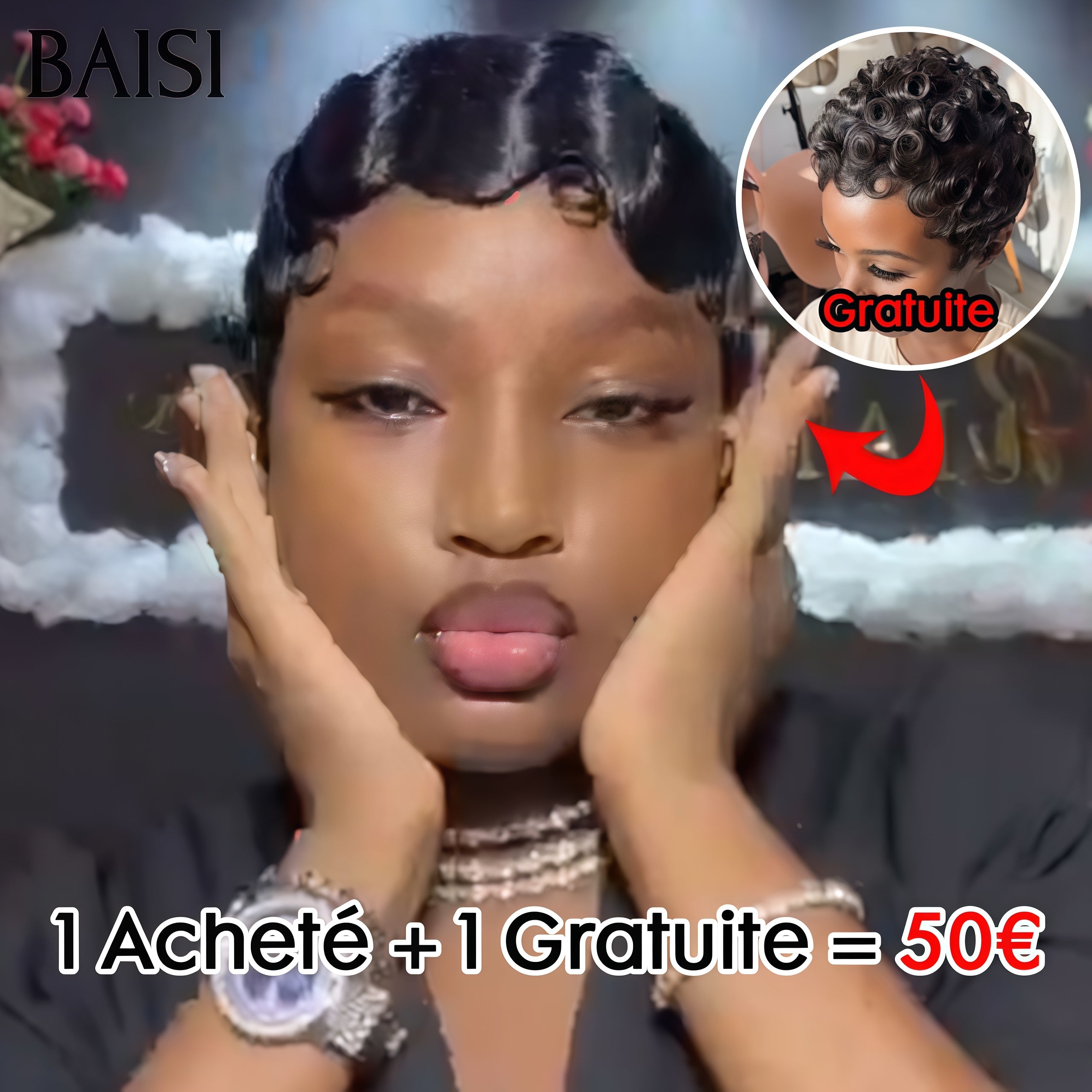 BAISI 1 Acquistato + 1 Gratis = 50€ Realizzato a macchina pixie water wave e finger wave oppure 1 Acquistato + 1 Gratis = 338€ in 100% capelli umani veri (non serve codice)
