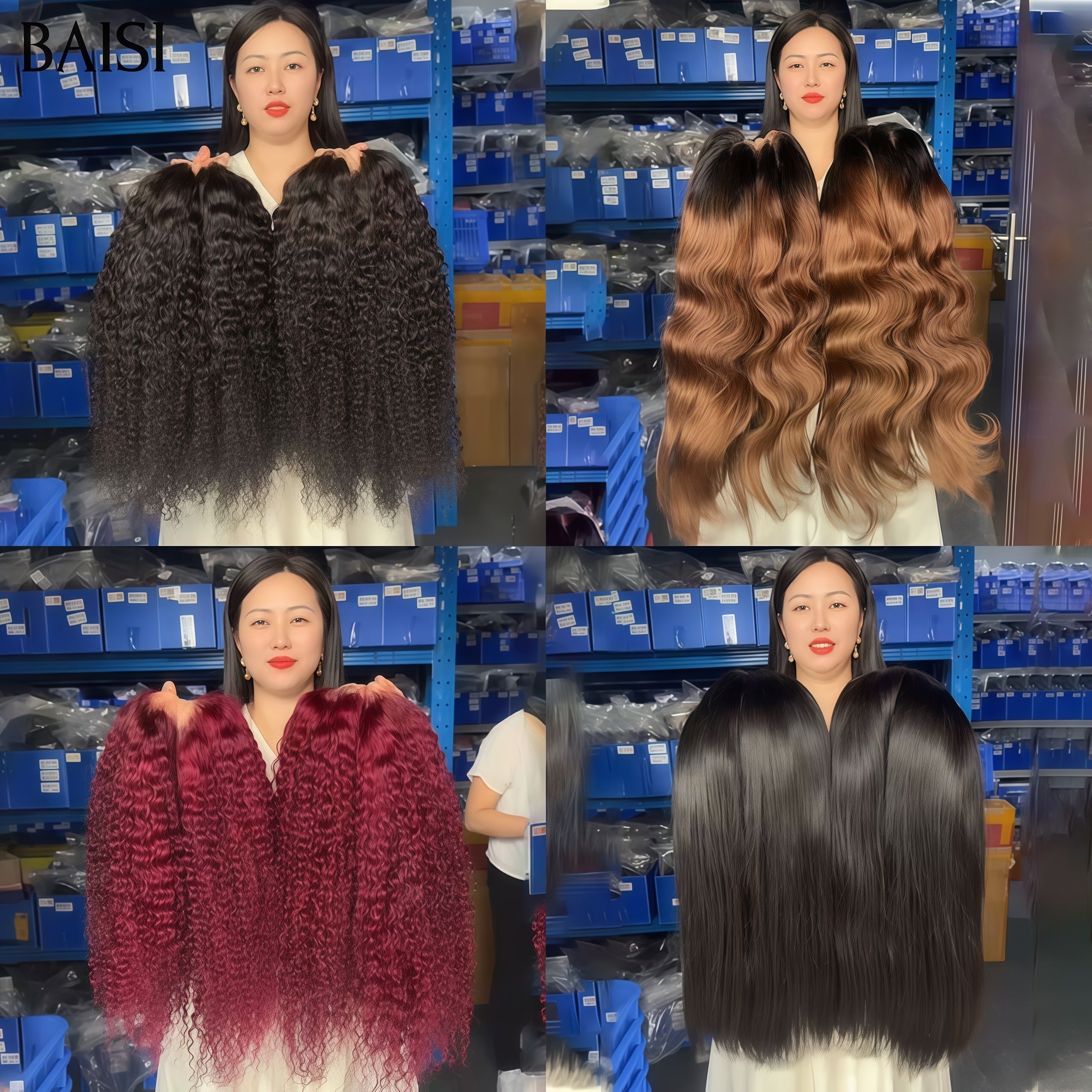 BAISI Ventes En Gros 4 perruques 300€ 13x4 lace frontal 18 Pouces curly wave en couleur Bordeaux et noir et body wave marron et lisse noir en 100% Cheveux Humains