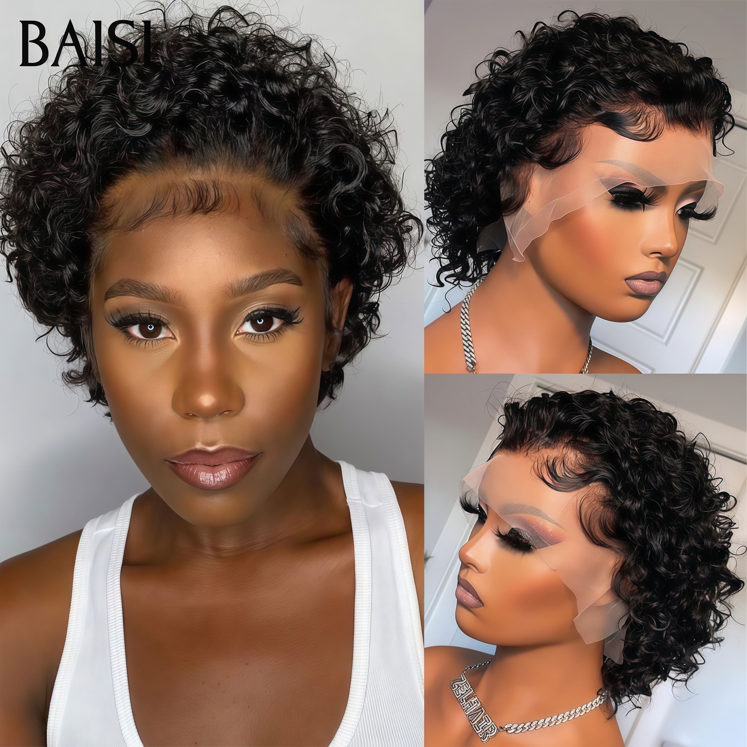 BAISI 13X4 lace frontal curly wave NOIR 50€ ou Sans Colle 48€ en Rouge Bordeaux ou 13X4 Perruques Pixie #905 afro curly En 100% Cheveux Humains