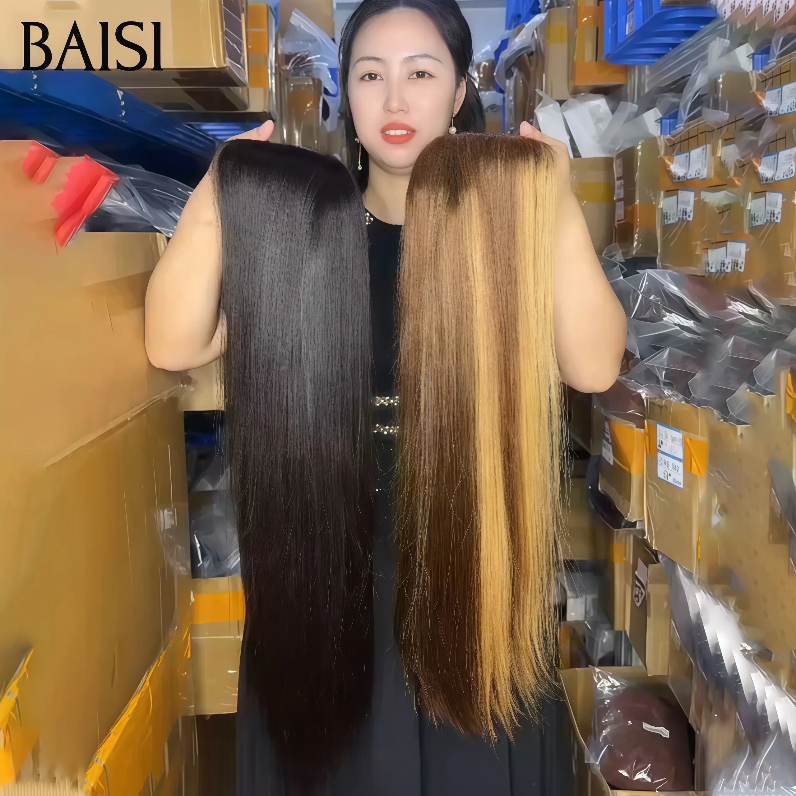 BAISI Achetez 1 + 1 Gratuite = 199€ 13X4 lace frontal Lisse 20 Pouces en couleur Mixte et 4x4 lace closure NOIR Lisse Perruque en 100% vrais cheveux humains
