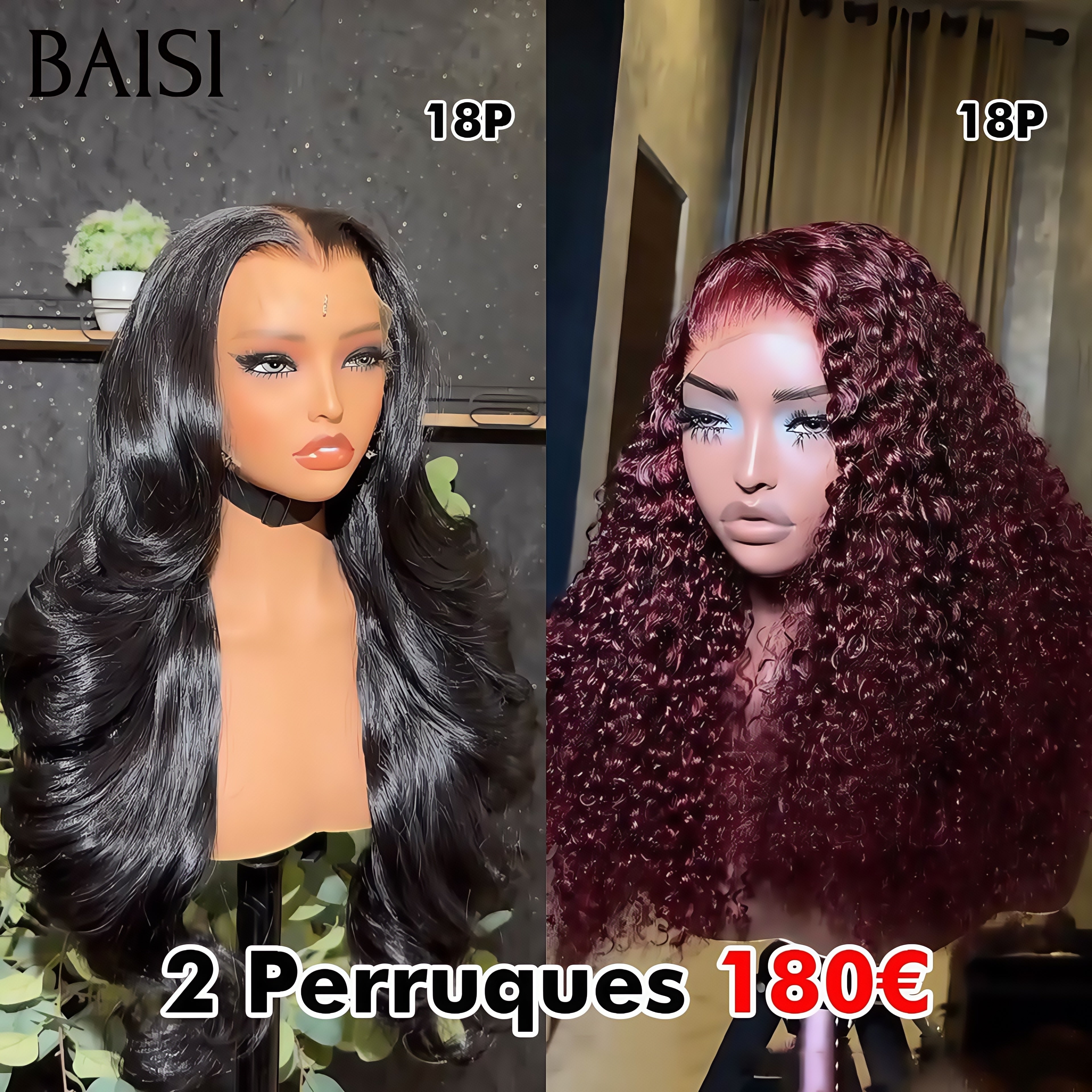BAISI 2 perruques 180€ 13x4 lace frontal Body wave NOIR et curly wave Bordeaux ou 2 Perruques pour revendre 109€ 13X4 lace pixie Lisse 6 pouces couleur 99J# et 1BT4# en 100% vrais cheveux humains FR40