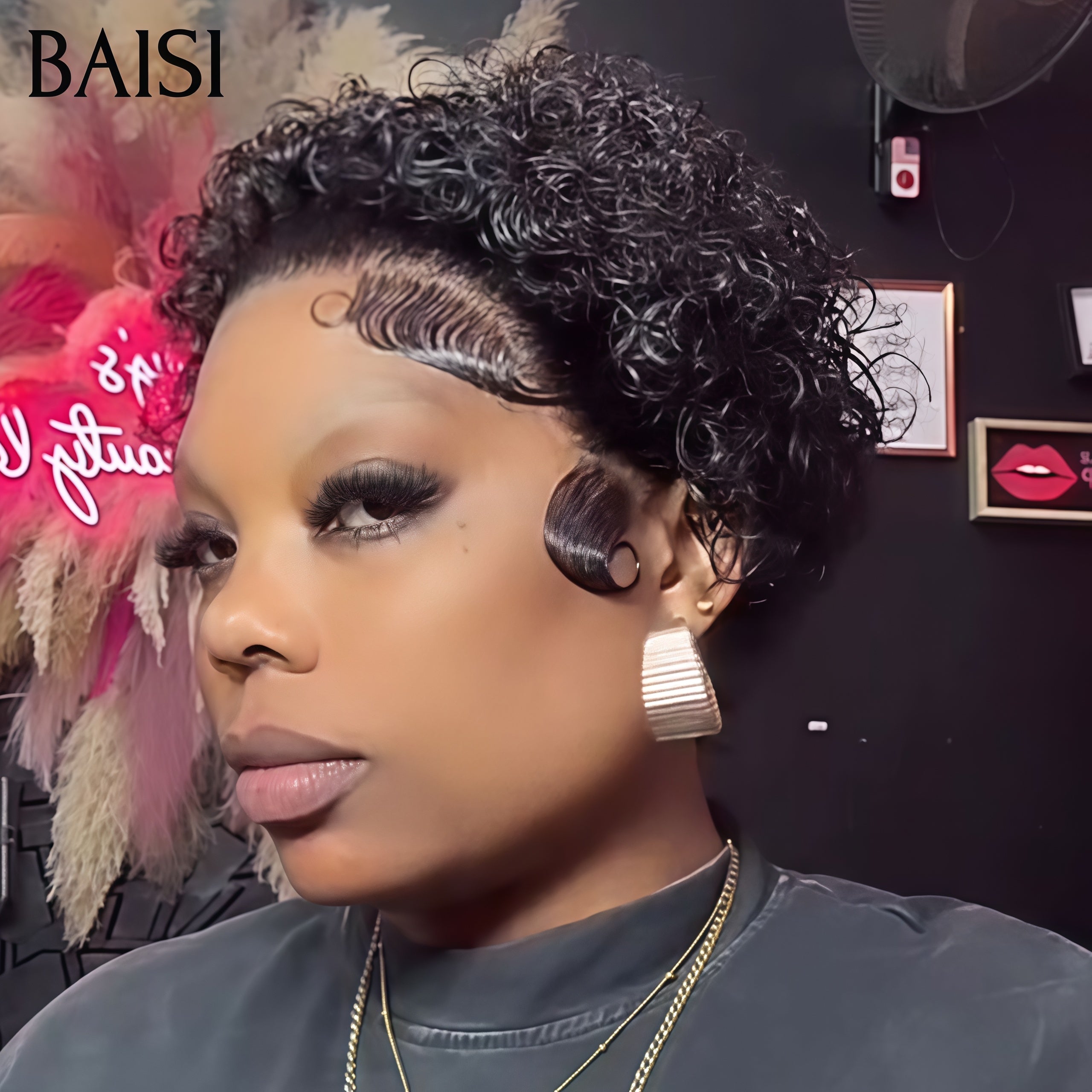 BAISI FLORENCE Perruque Pixie Cut Lace Frontal 13x4 Curly Noir 49€ en 100% Vrais Cheveux Humains