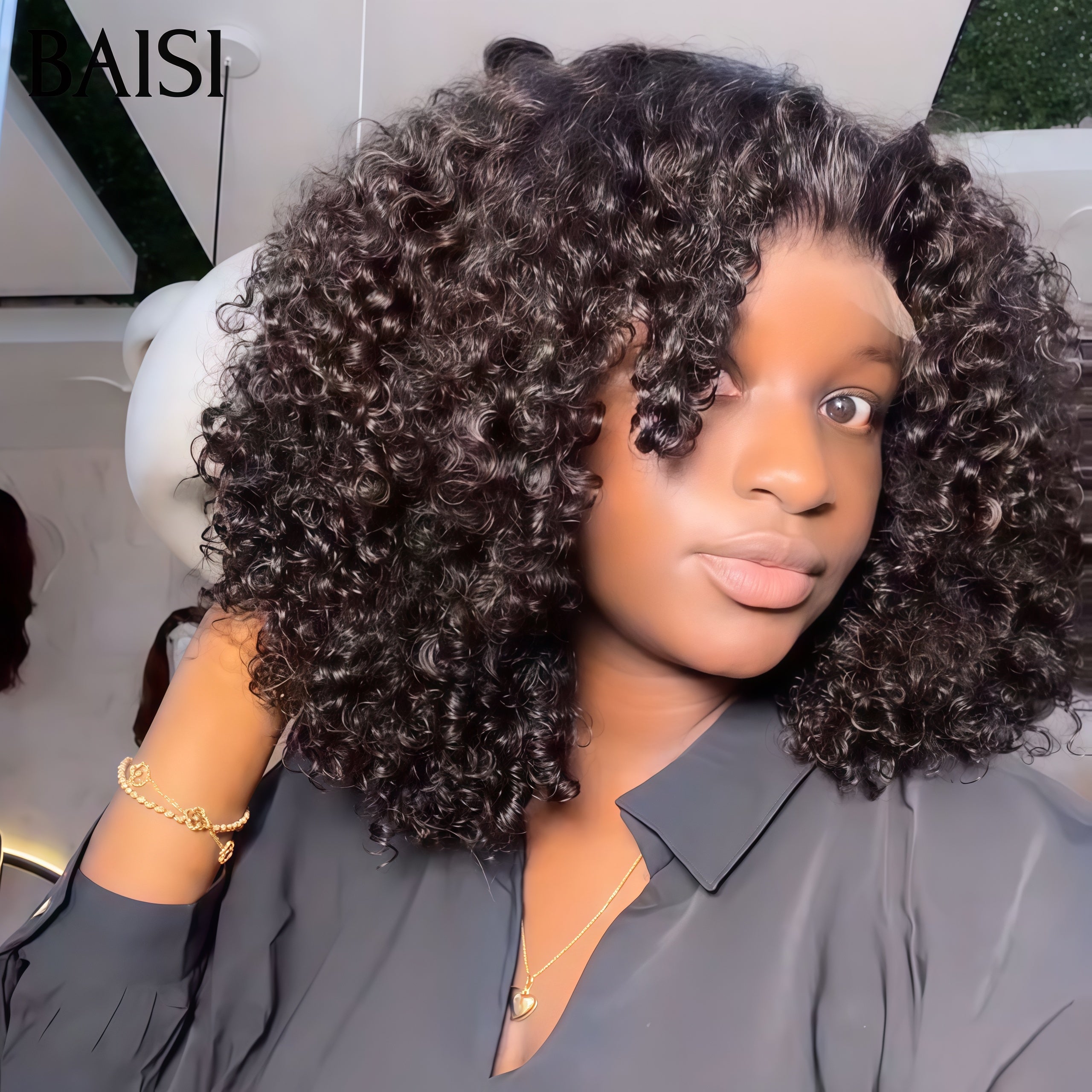 BAISI Vente Promo 119€ Vietnam Hair 300% densité 4X4 Perruque bob coupe personnalisée boucles voluminieux en Couleurs Noir 14 pouces plus de 20 ans d' utilisations BS120