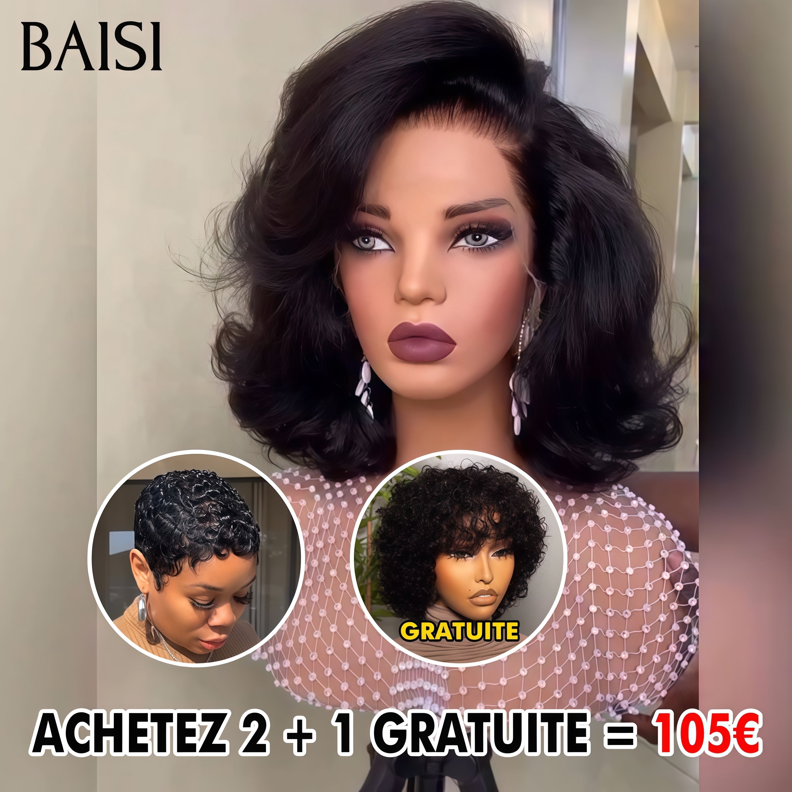 BAISI Perruque conbinée Achetez 2 + 1 Gratuite = 105€ 13x4 lace Bouclée wave BOB et 2 pixie NOIR en 100% cheveux humains