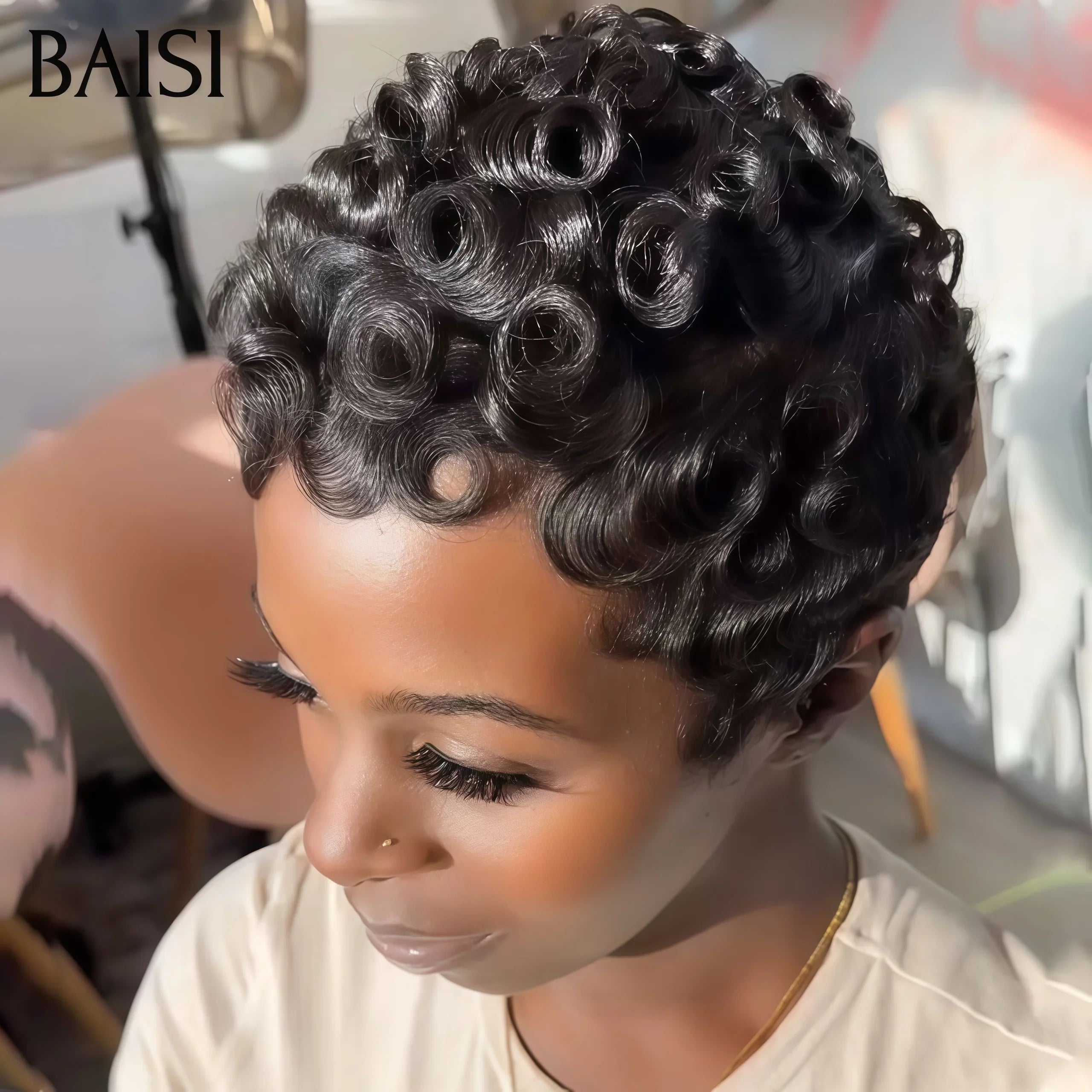 BAISI parrucca senza colla finger wave NERA o 13X4 parrucca personalizzata pixie corta riccia marrone 4# capelli raw hair