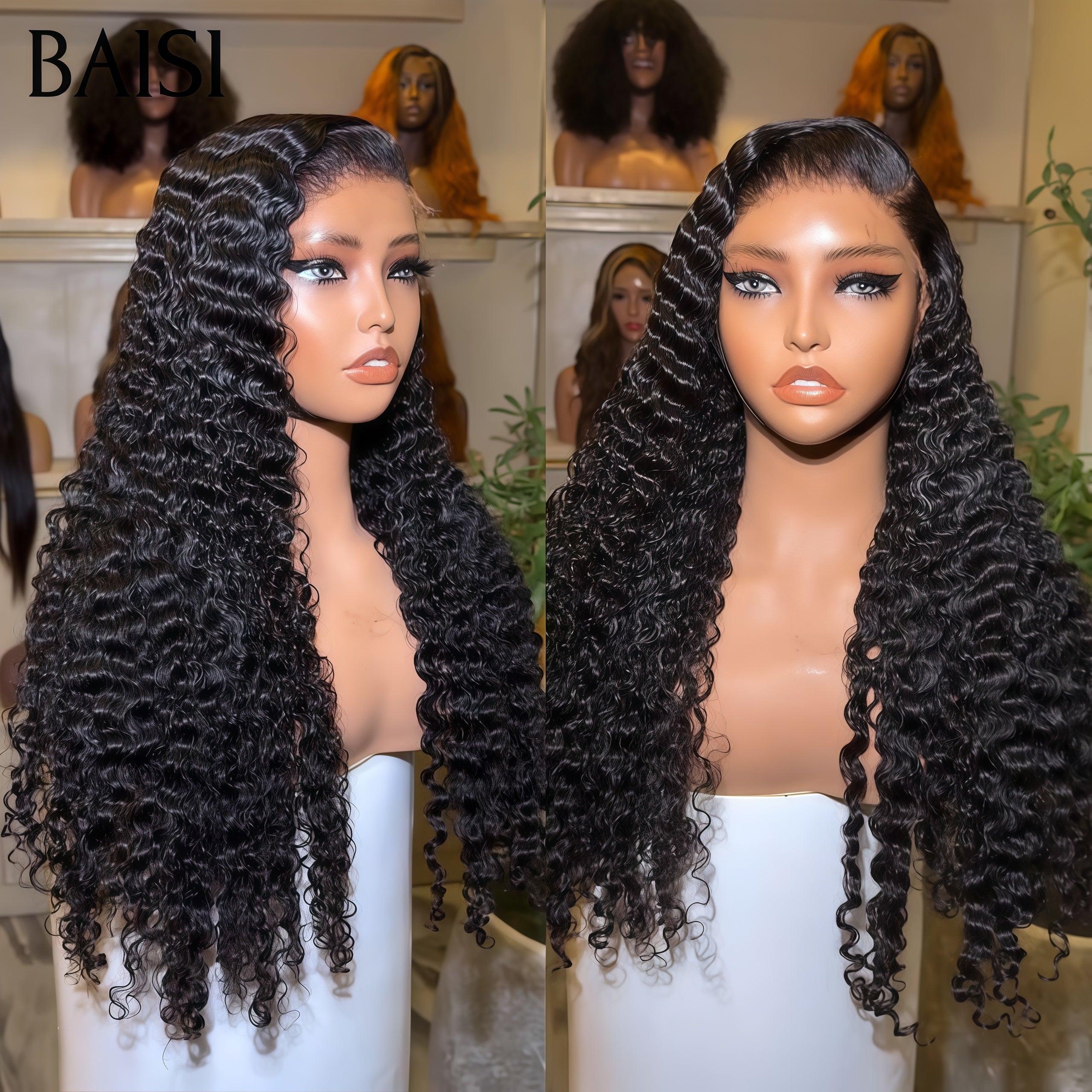 BAISI 13x6 Perruque deep wave en Noir Sans Colle Lace déjà couper Facile à Porter Perruques sans colle taille standart réglable avec 3 grandeurs S , M , L 1 bonnet en 3 en 100% Cheveux Humains
