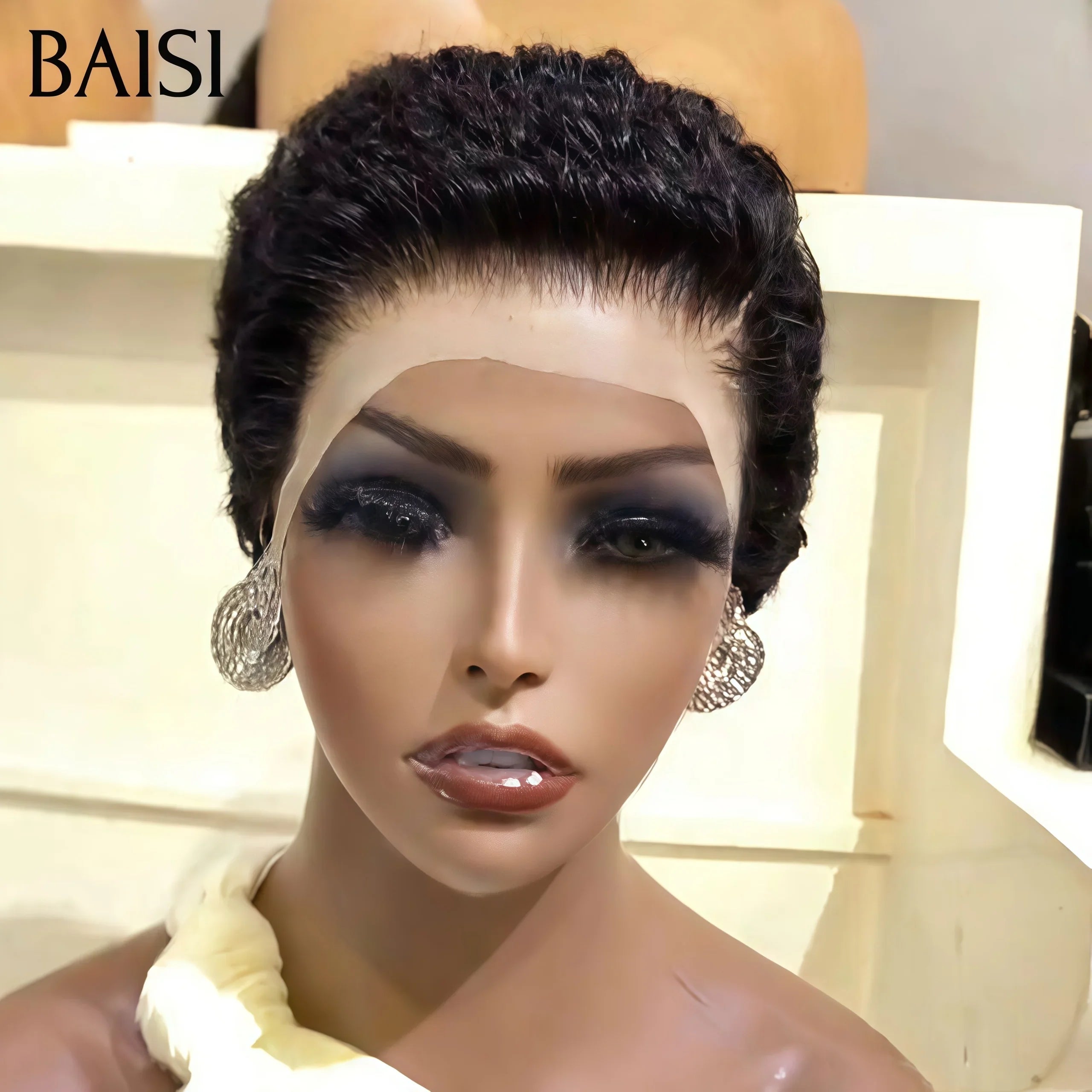 BAISI Femme VIP Peruca Pixie ondulada em renda 13x4, preta, 71€ Sem Cola, finger wave 61€, 100% Cabelo Humano