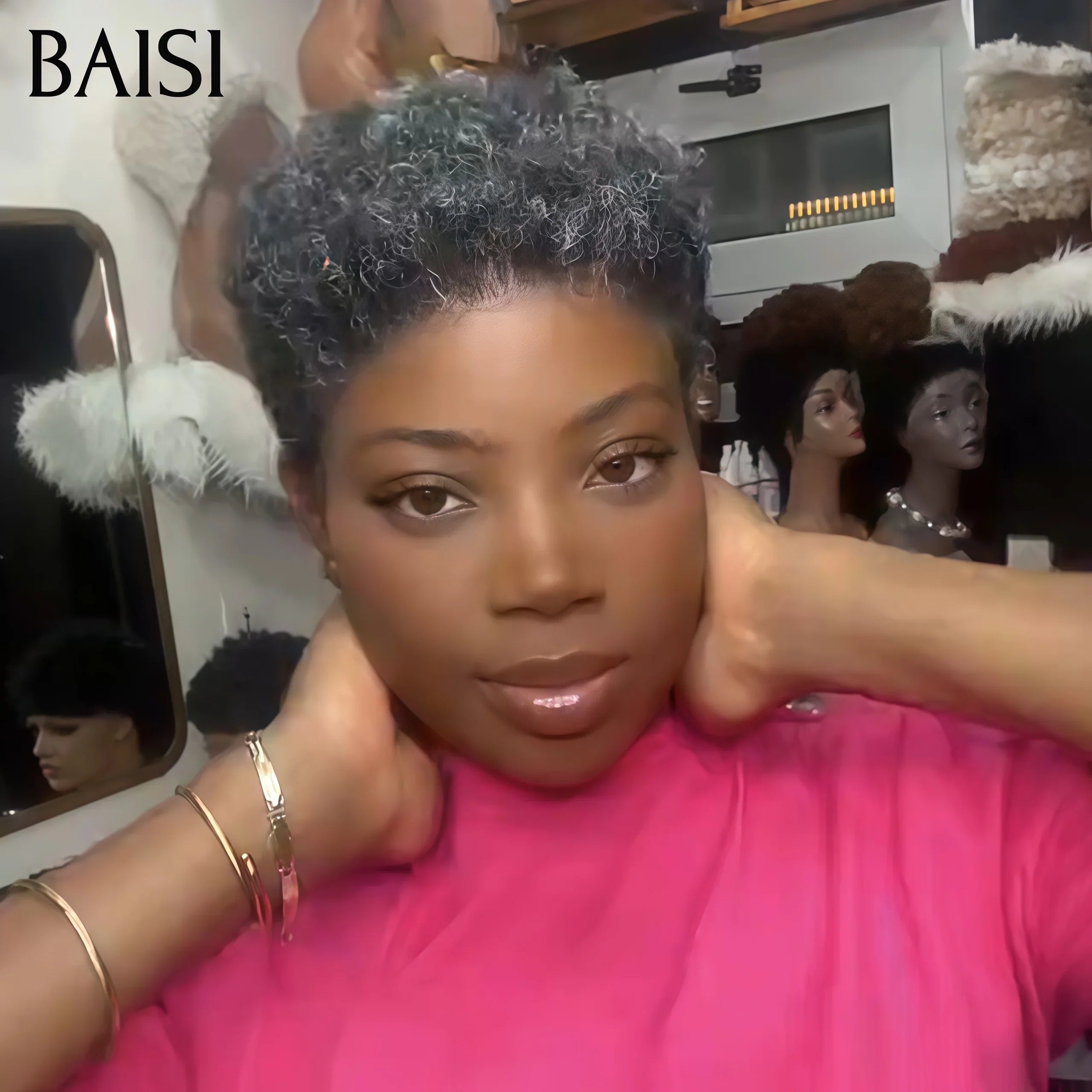 BAISI Perruque Collection Poivre et Sel Perruque Pixie Afro Curl sans Colle bouclé partout Coupe vibrante ou Noir avec Frontale 68€ en 100% cheveux humains F-905 FR40