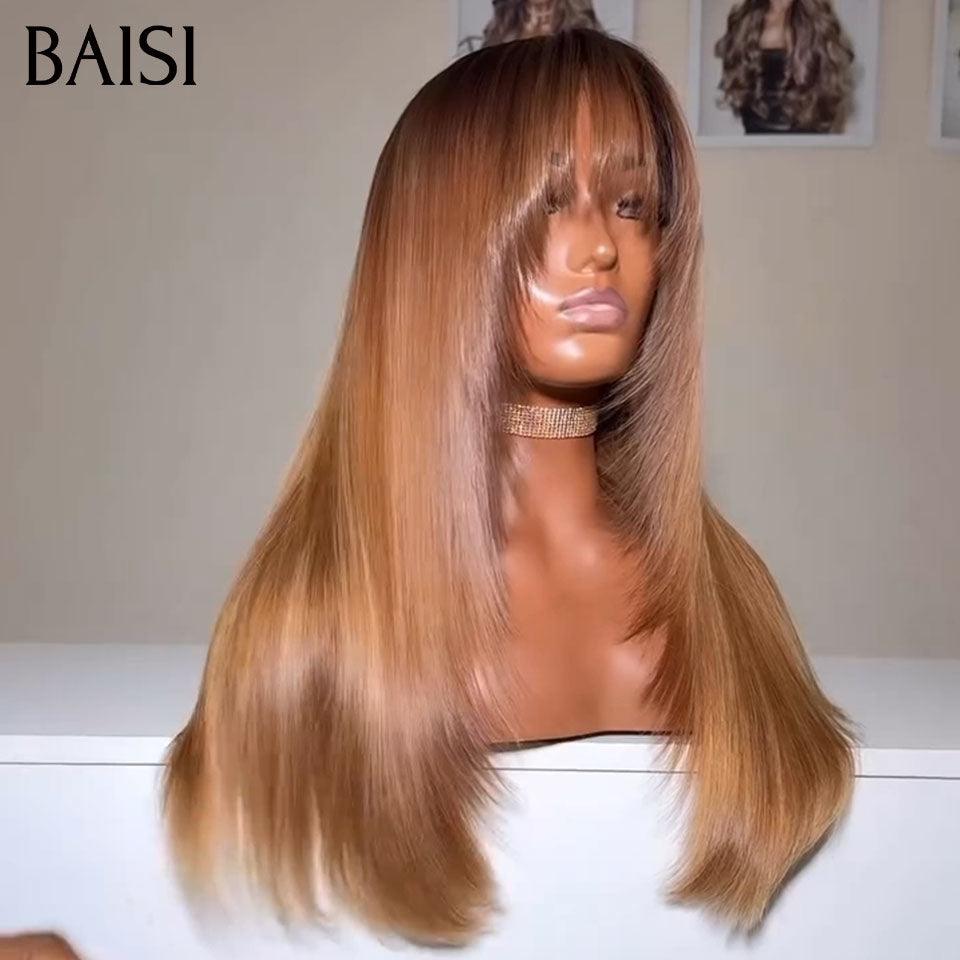 BAISI Perruque Lisse avec Frange 30# miel ou Bouclée curly Wave avec Frange 18 Pouces 300% densité en Couleur marron en 100% Cheveux Humains