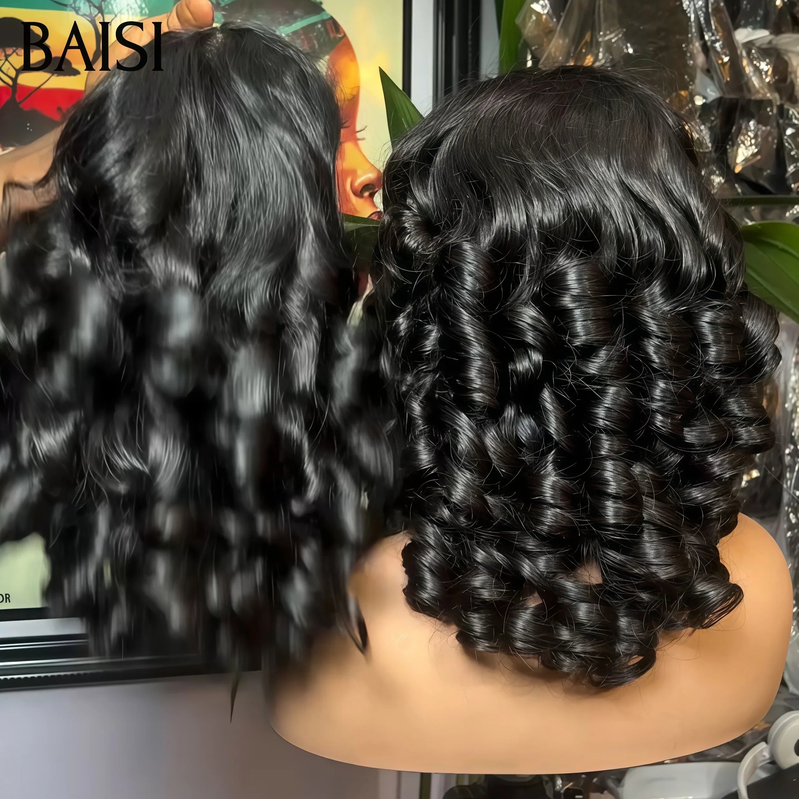 BAISI Perruque 5x5 lace closure Bouclée loose Wave en Couleurs NOIR en 100% Cheveux Humains