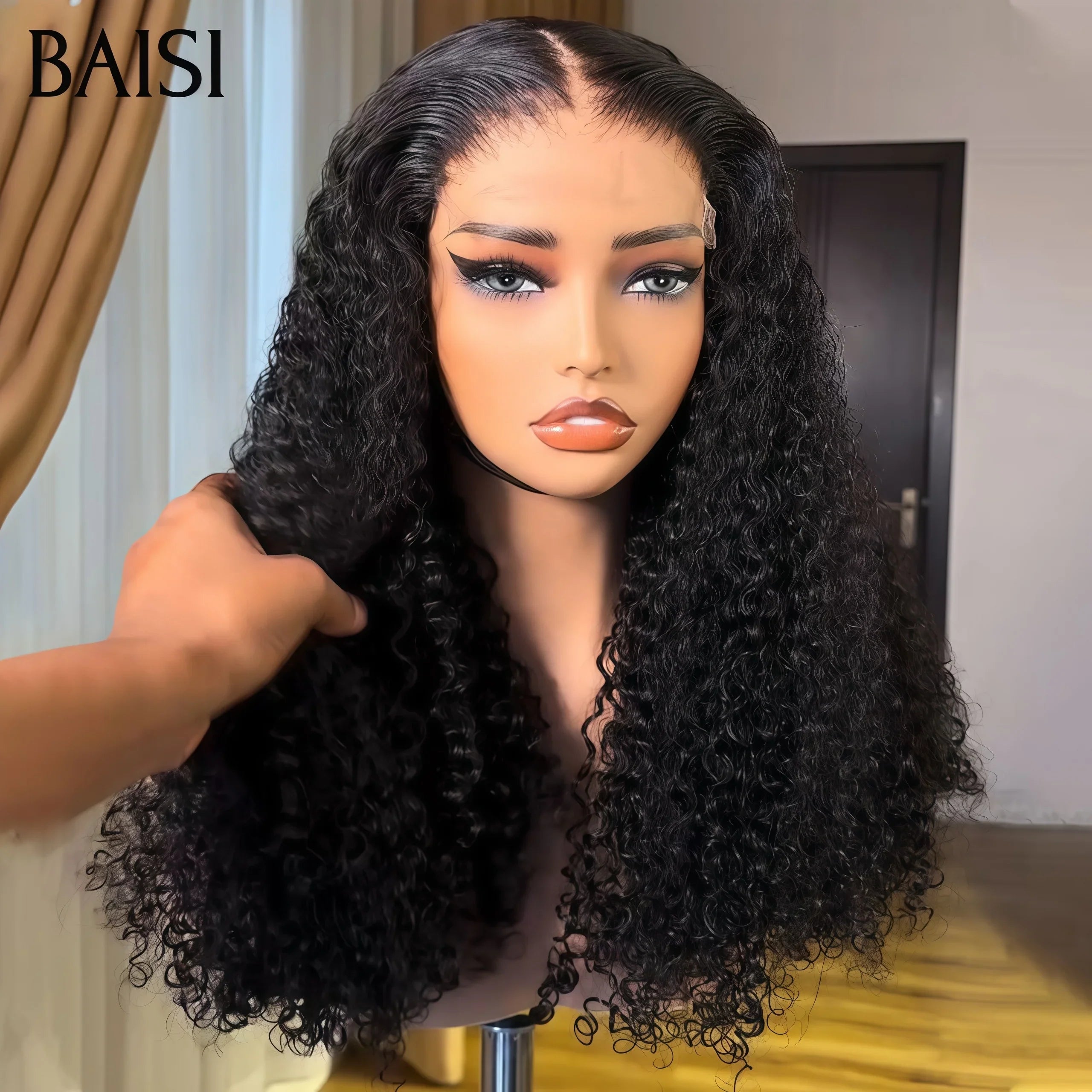 BAISI 4X4 lace closure Perruques 16 pouces 145€ de Luxe Volume 250% densité noir Curly Wave double drawn mèches vièges en 100% Cheveux Humains FR40