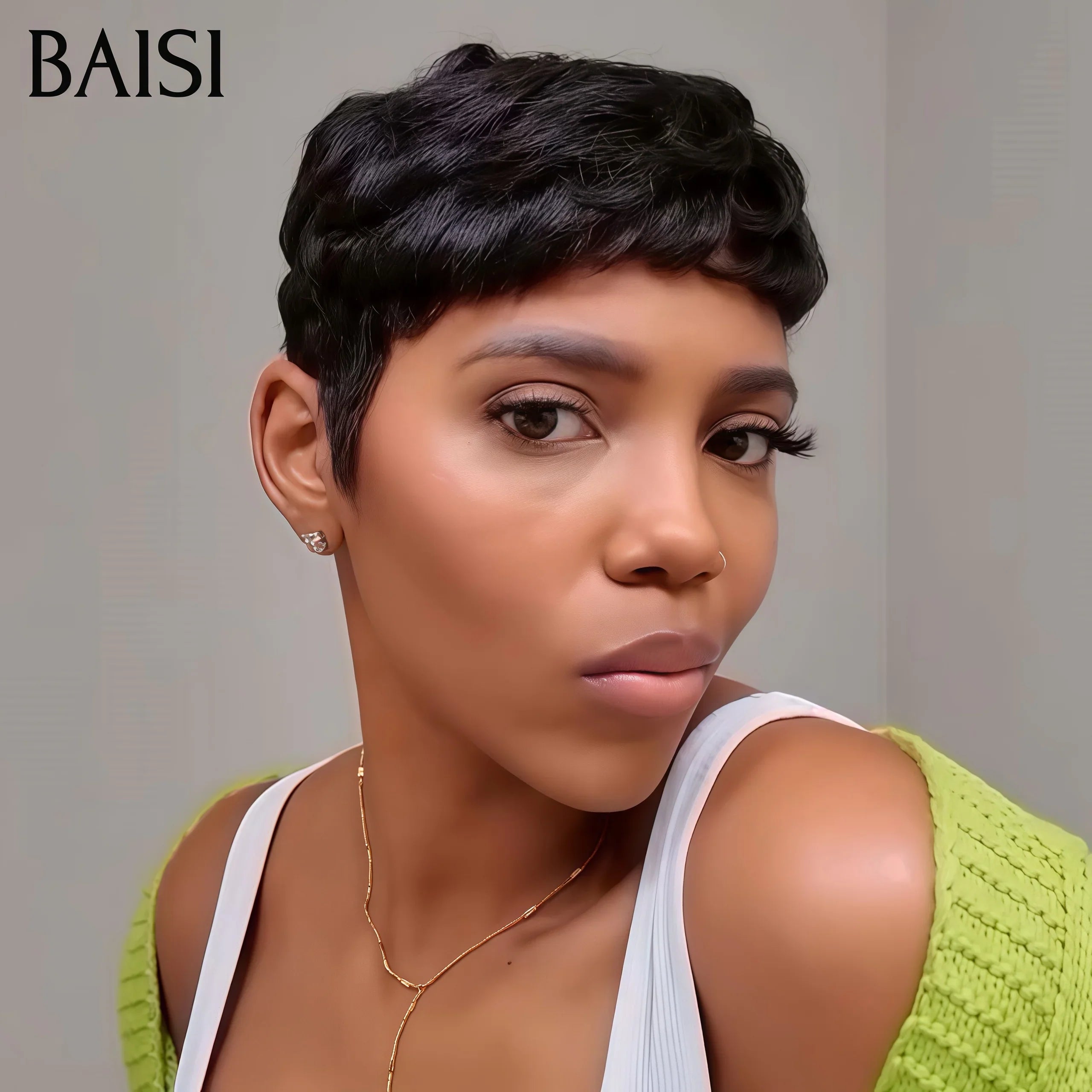 BAISI Perruque pixie Fabriqué à la Machine Perruques personnalisées 49€ sans lace en 100% Cheveux humains BS65