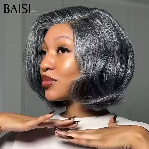 BAISI Collection Poivre et Sel 13X4 Perruque 8Pouces 128€ Bob Lisse noir mixte gris Pré-plucked Pas Besoin de Colle en 100% Raw Hair Lace déjà couper