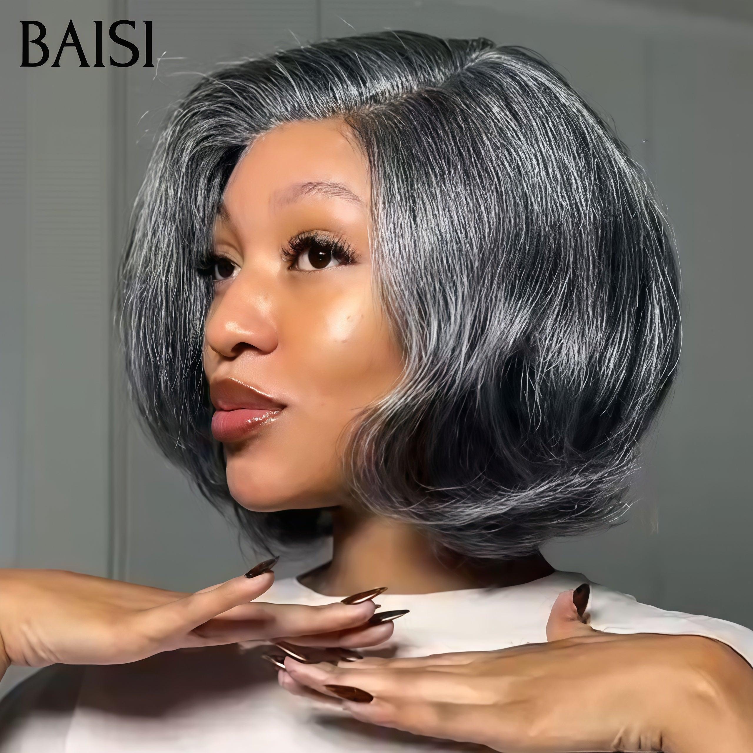 BAISI Collection Poivre et Sel 13X4 Perruque 8Pouces 128€ Bob Lisse noir mixte gris Pré-plucked Pas Besoin de Colle en 100% Raw Hair Lace déjà couper
