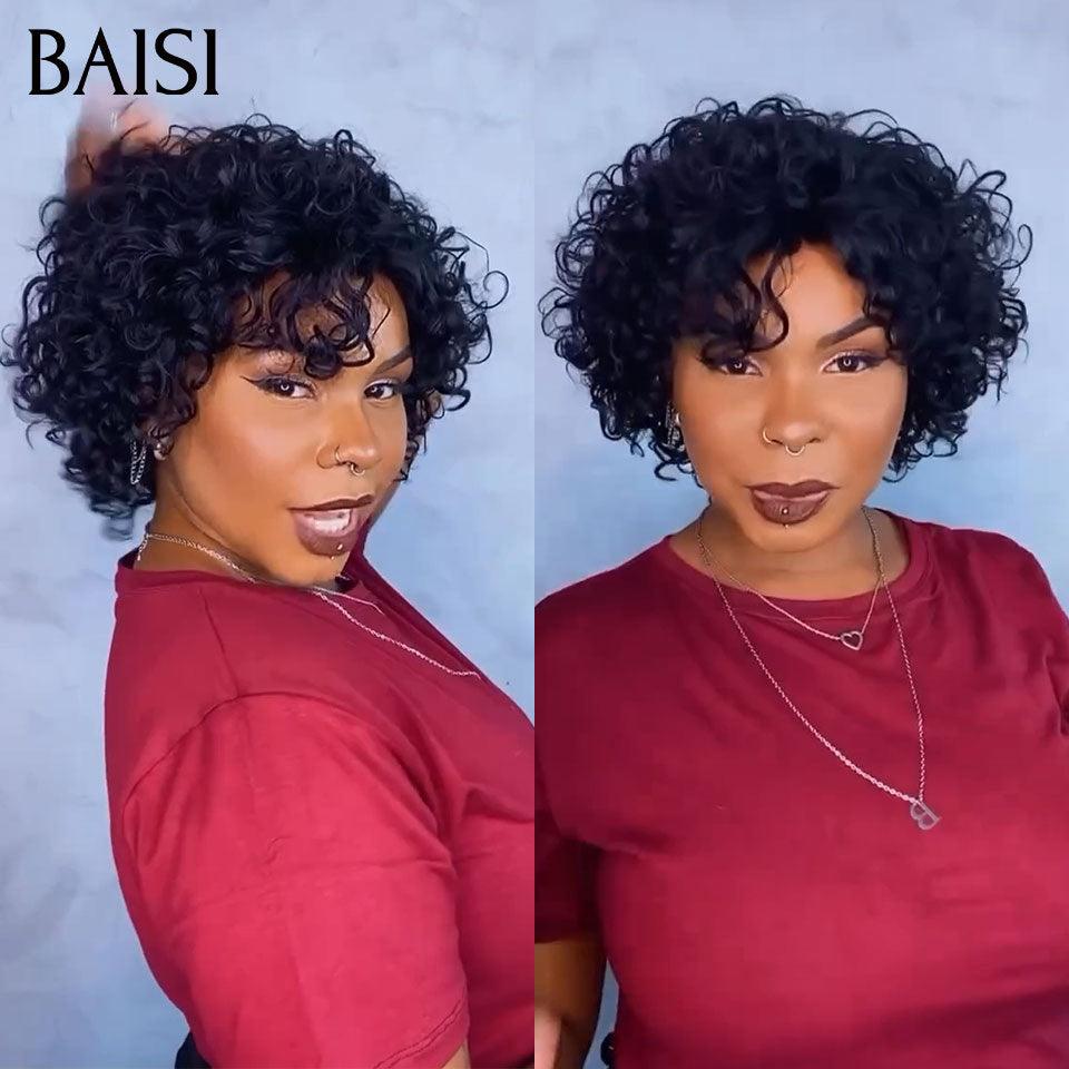 BAISI Perruque Pixie curly en couleur noir 69€ sans colle sans lace 100% Cheveux Humains Fabriqué à la Machine BS60
