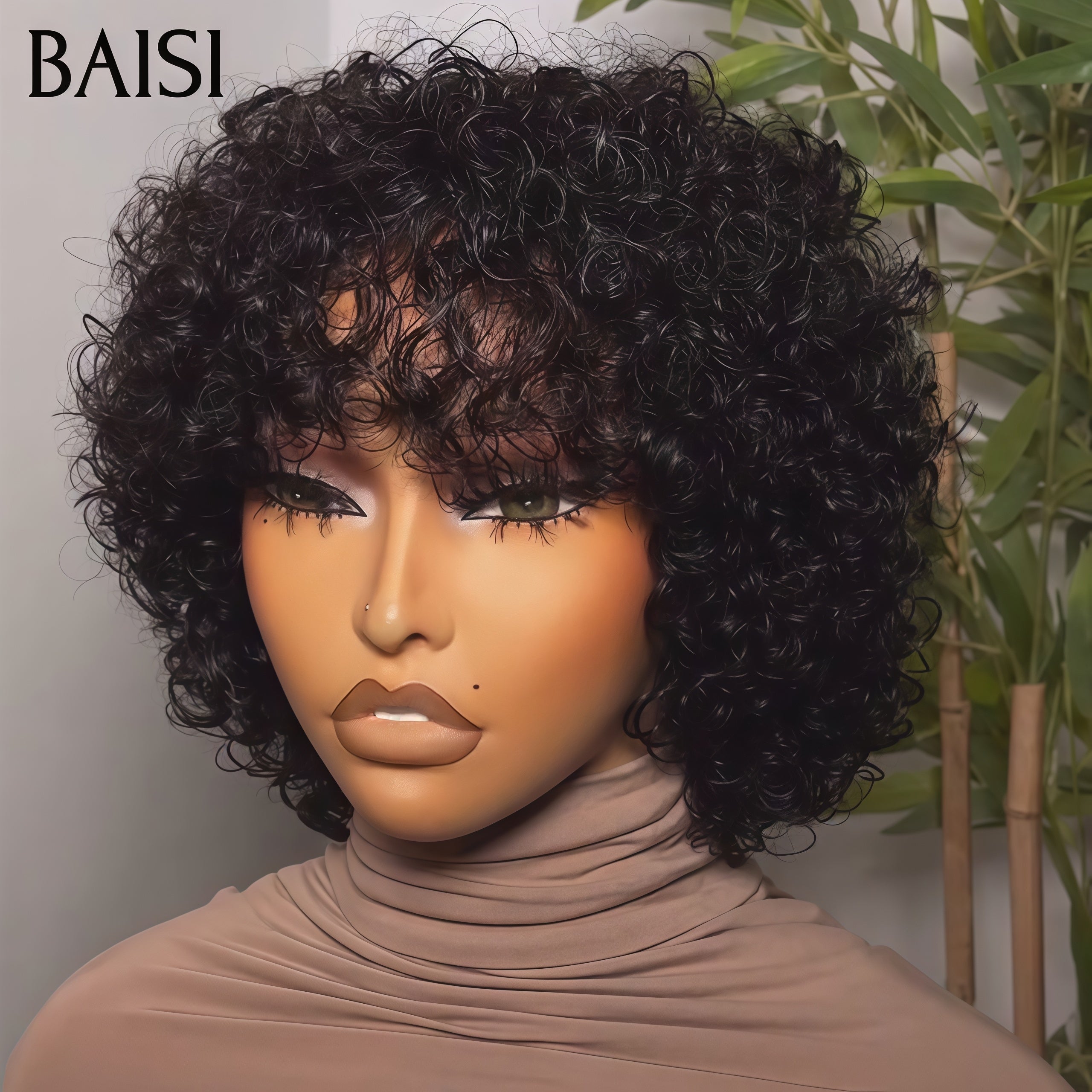 BAISI BOB en Couleur NOIR afro curl avec frange petite coupe fabriqué à la machine Sans Colle Sans Lace BS65