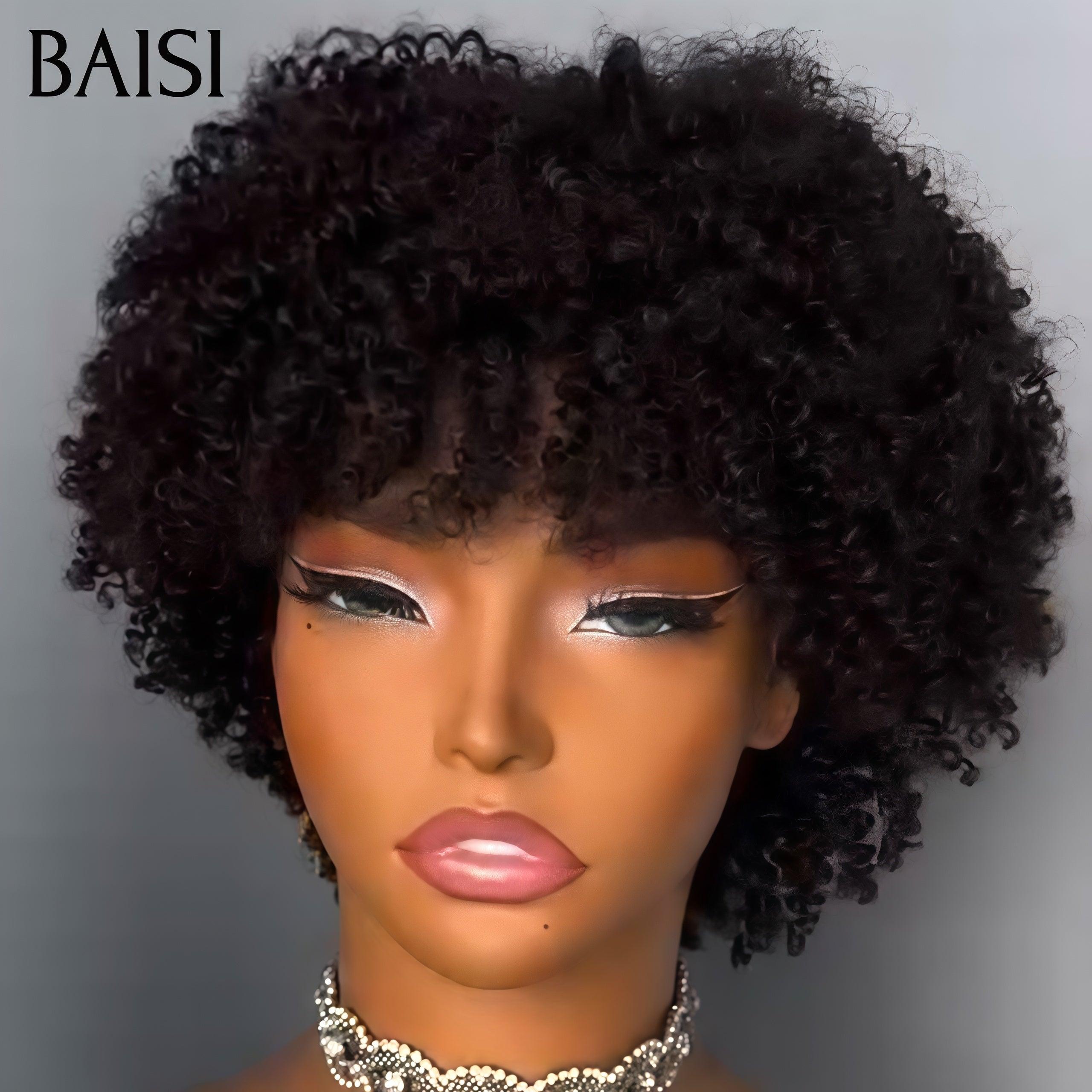 BAISI pixie afro curly 55€ 200% densité noir sans lace sans colle en 100% Cheveux Humains fabriqué à la machine FR38