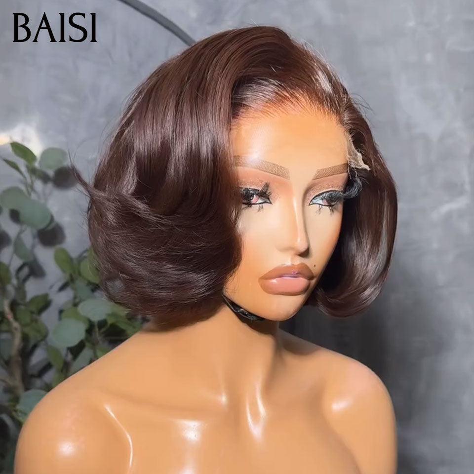 BAISI Achetez 2 perruques minimum au prix d'usine fournisseu Perruque Pixie Lisse En Couleur Marron ou curly wave NOIR en 100% Cheveux Humains Fabriquée A La Machine Pas Besoins De Code