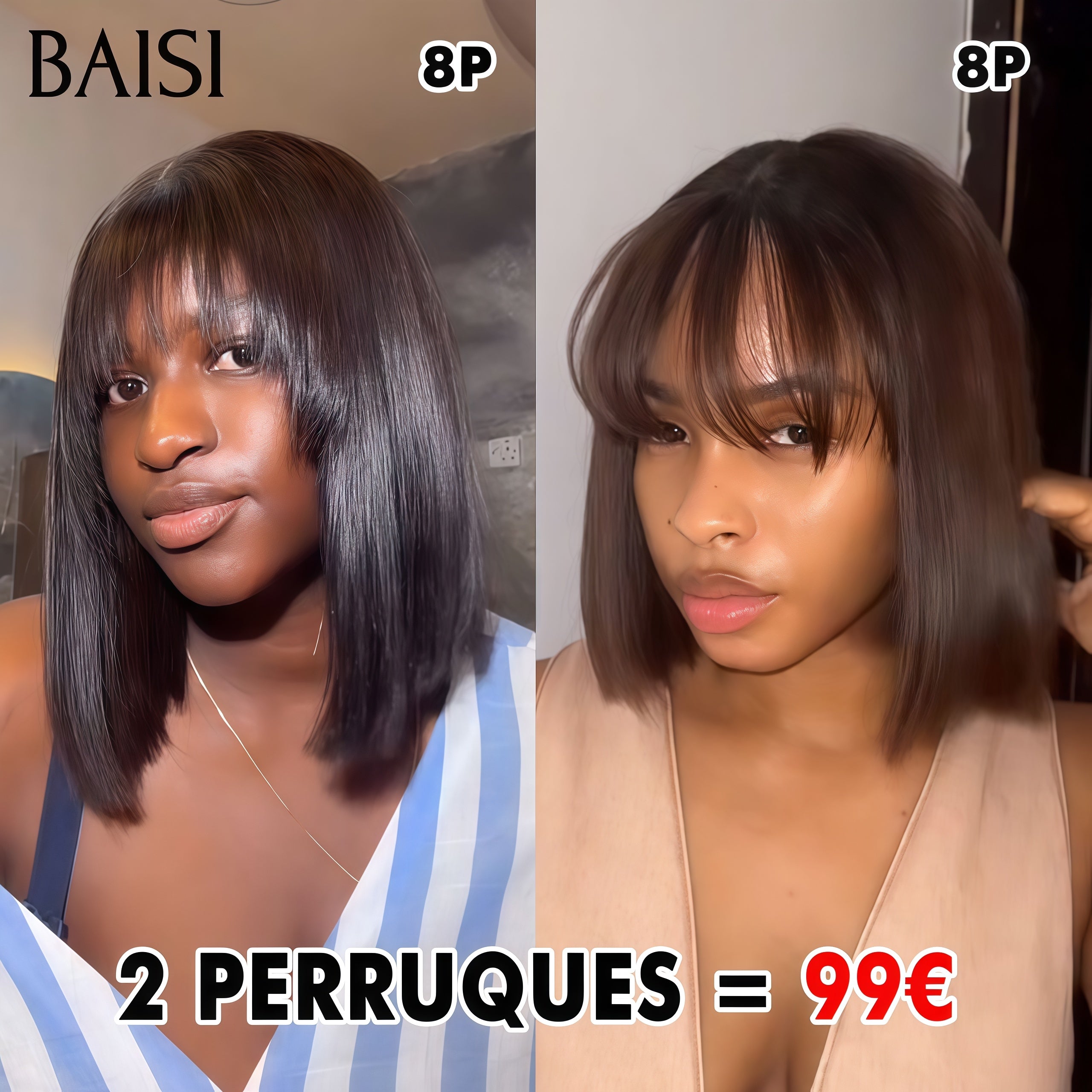 BAISI vente flash 2 perruques en Promo 99€ Lisse avec Frange 8 Pouces en 100% vrais cheveux humains