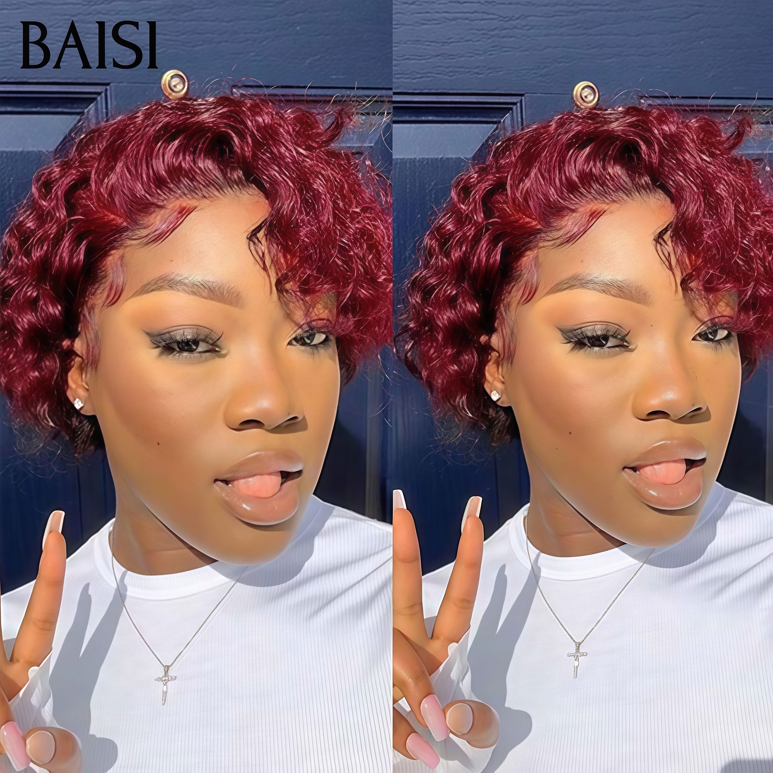 BAISI 13x4Lace frontal Parrucca pixie riccia ondulata colore Bordeaux o Marrone in 100% Capelli Veri Umani
